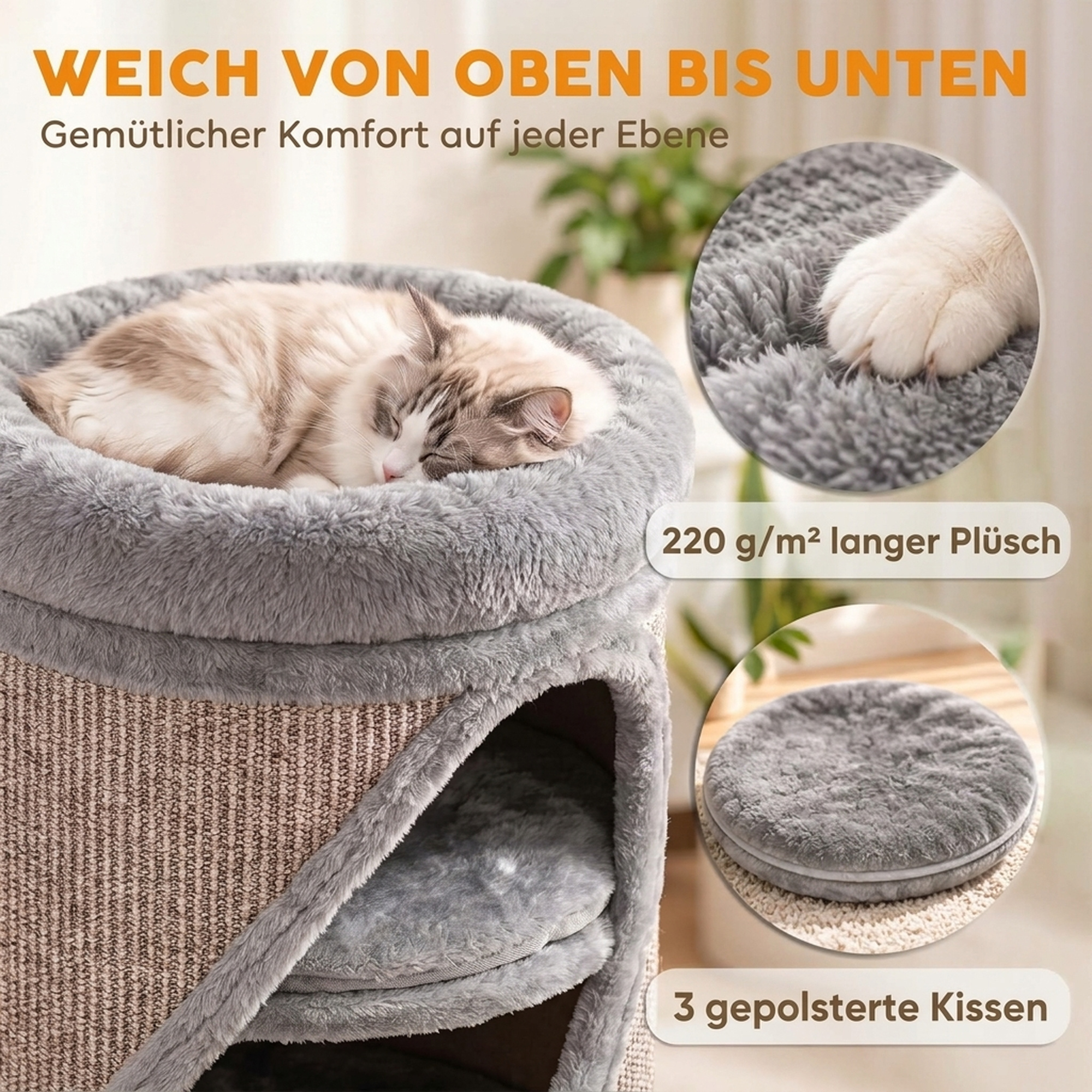 Kratztonne 75 cm Hoch Ø 35 cm 4-Stufige Katzentonne mit 3 Höhlen, abnehmbarem waschbarem Plüschbett Sisal-Kratzfläche