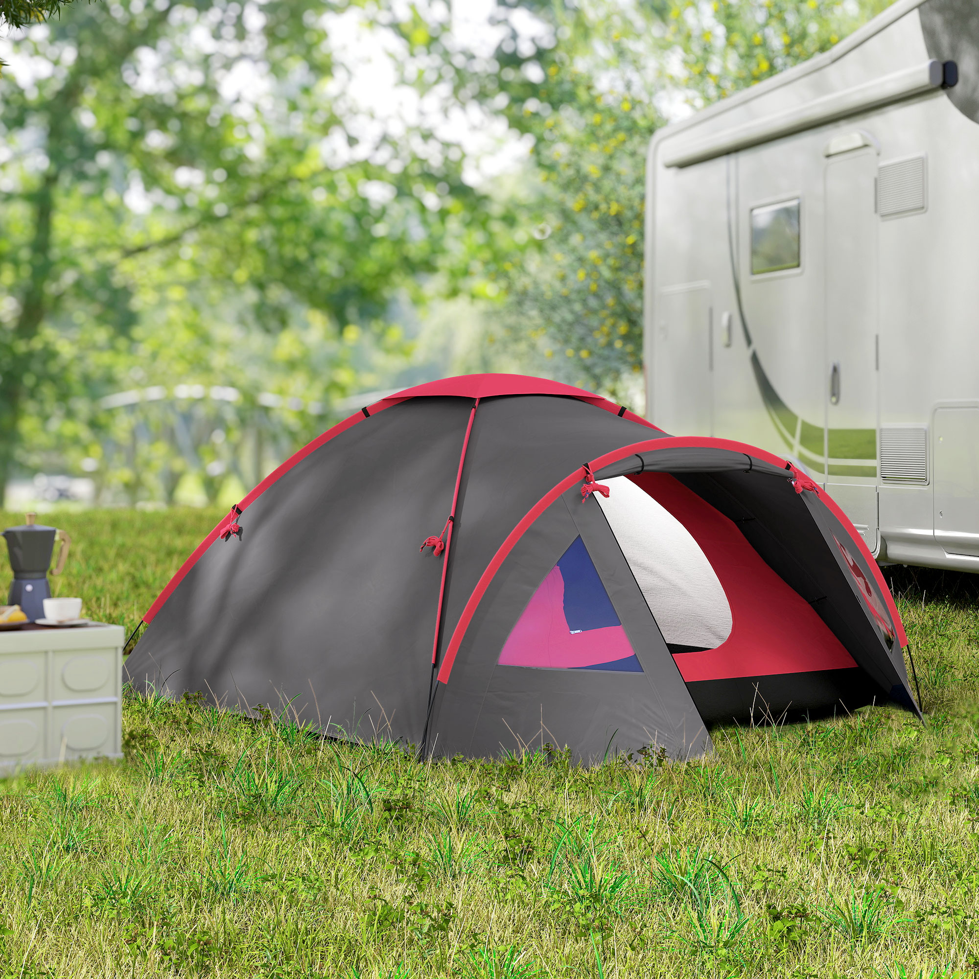 Campingzelt für 3 Personen leicht, stabil wasserdicht UV 50+ mit Vordach Tür Fenster, Bodenplane Grau