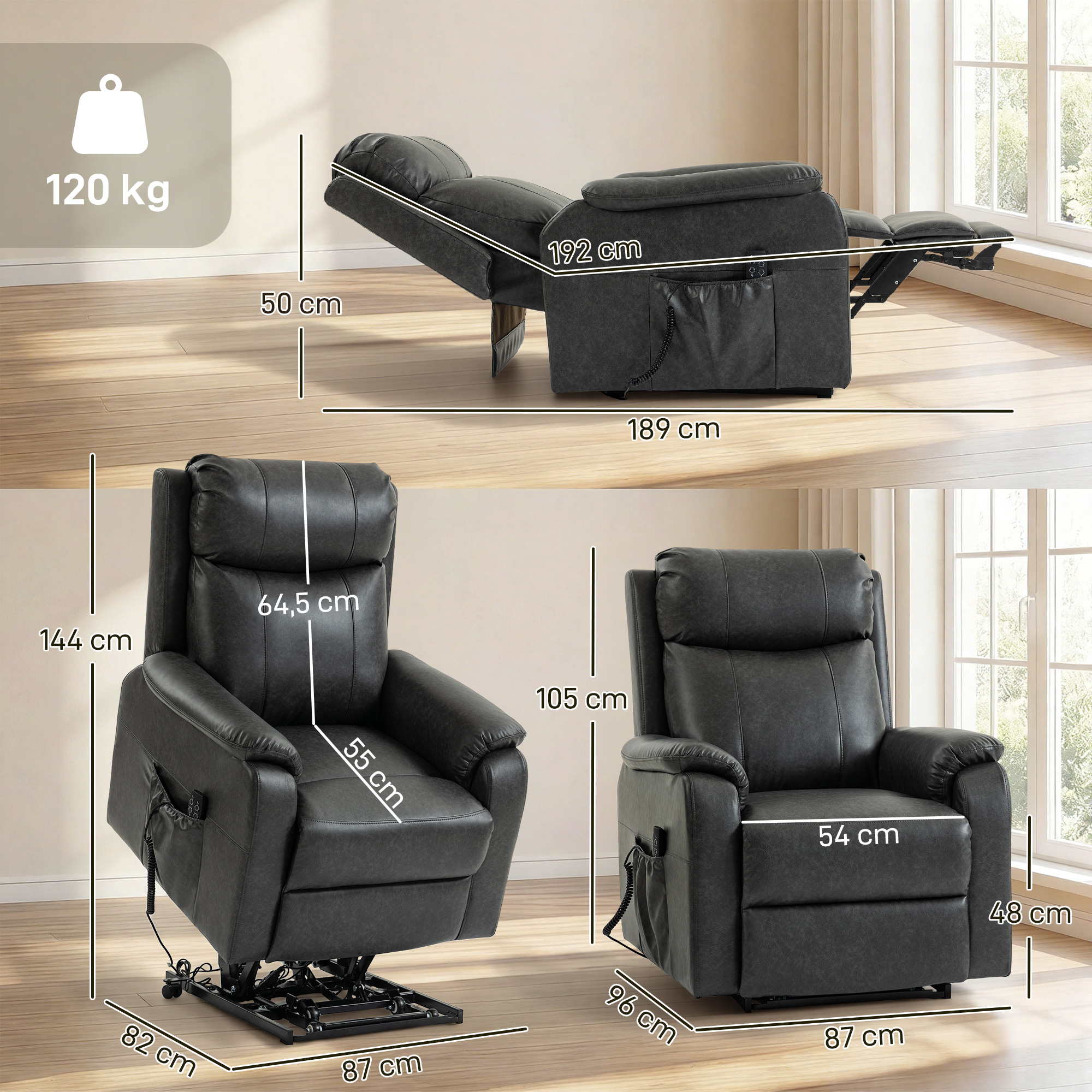 Riser- und Relaxsessel für Senioren, Elektrischer Lift-Sessel aus Kunstleder mit Doppelmotor, Federkissen, Schwarz