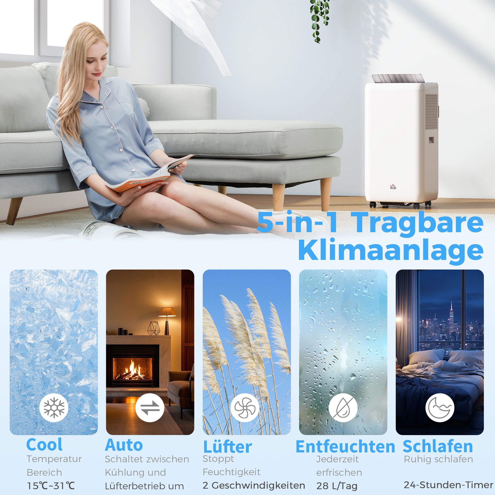 mobiles Klimagerät mit Abluftschlauch 12.000 BTU 3,5 kW, 5-in-1, 24h-Timer, Fernbedienung bis 35㎡