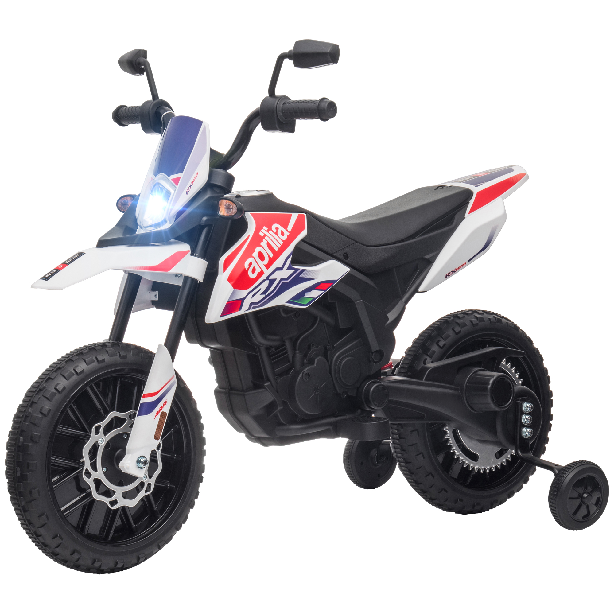 12V Kinder-Motorrad mit Stützrädern, LED-Lichtern, Musik, USB, Elektro-Motorrad für Jungen und Mädchen, Weiß
