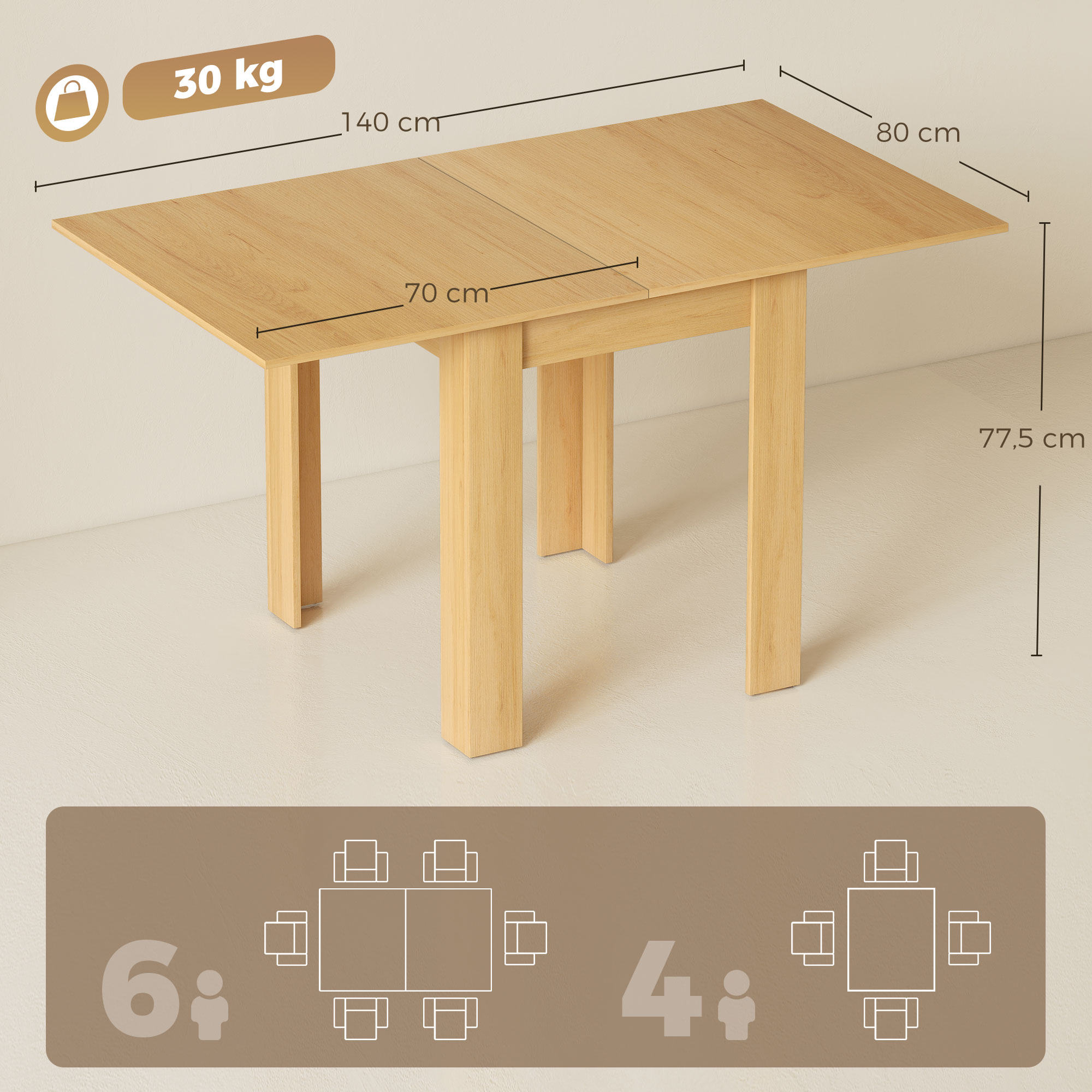 Esstisch Ausziehbar 70/140 x 80 cm Moderner Esszimmertisch für 4–6 Personen Platzsparend für Küche Esszimmer
