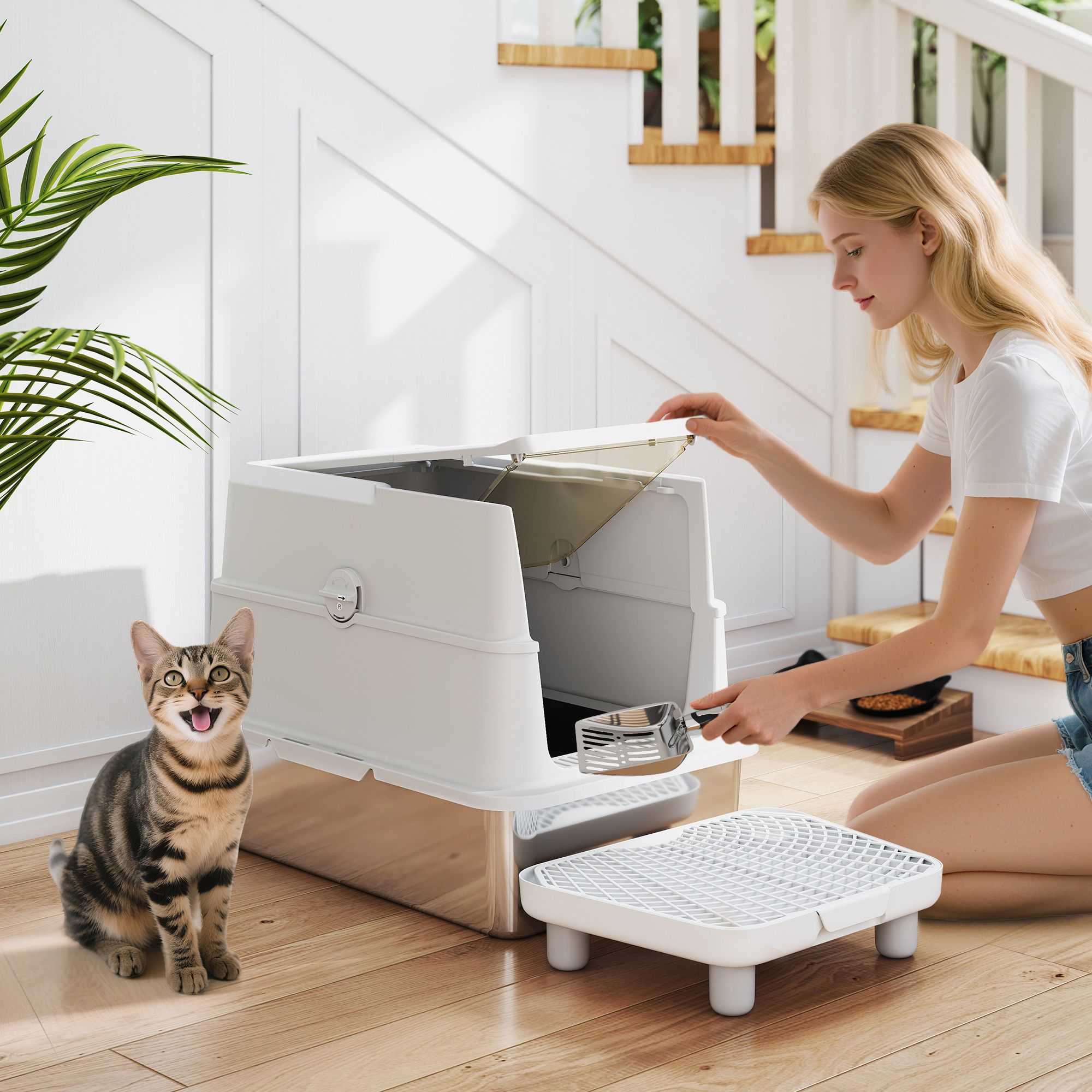 Katzentoilette, Edelstahl, XL-Innenraum, mit Schaufel, Hellgrau