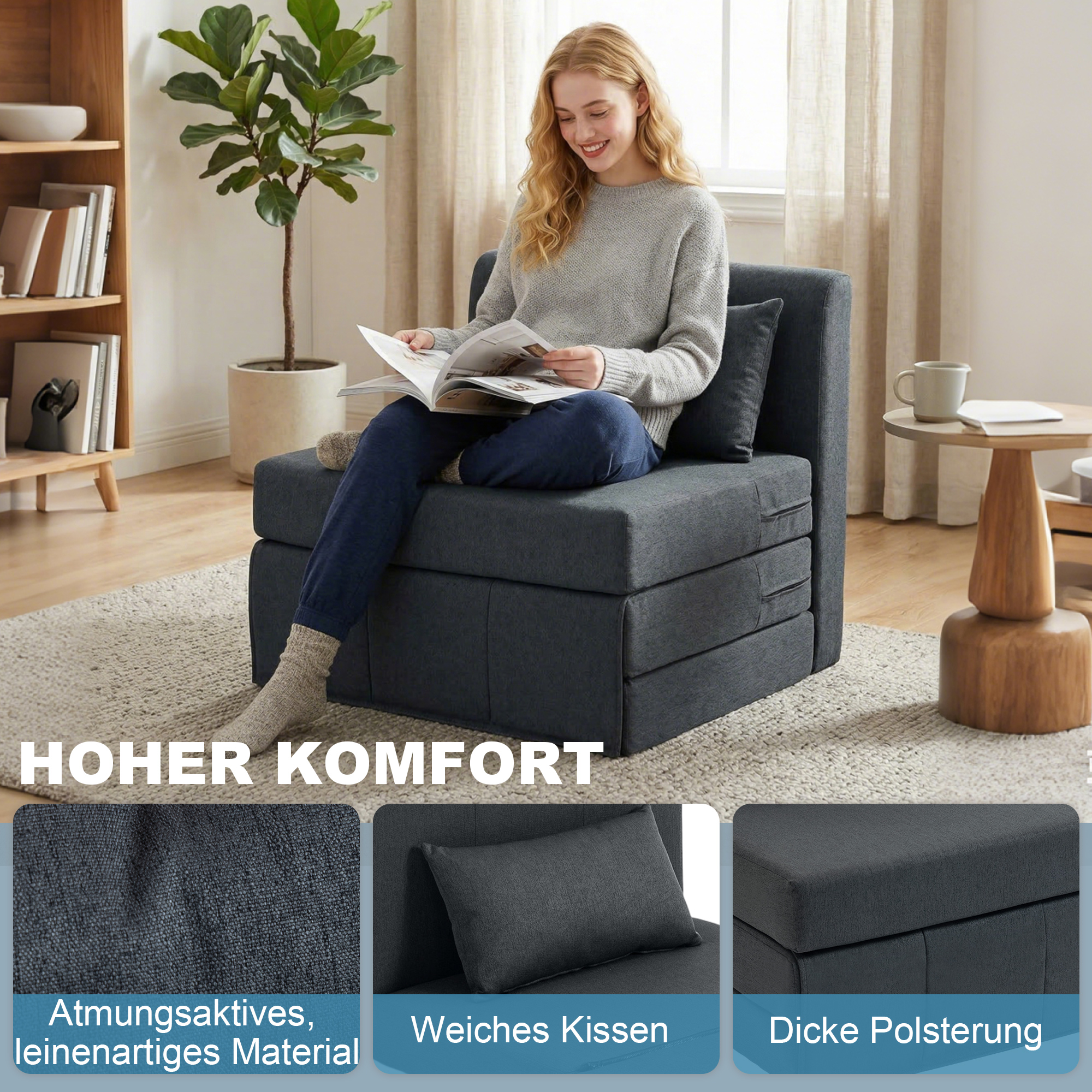 2-in-1 Schlafsessel Klappbares Sofa-Bett mit Leinenstruktur, Gepolstertes Gästebett Klappstuhl, Dunkelgrau