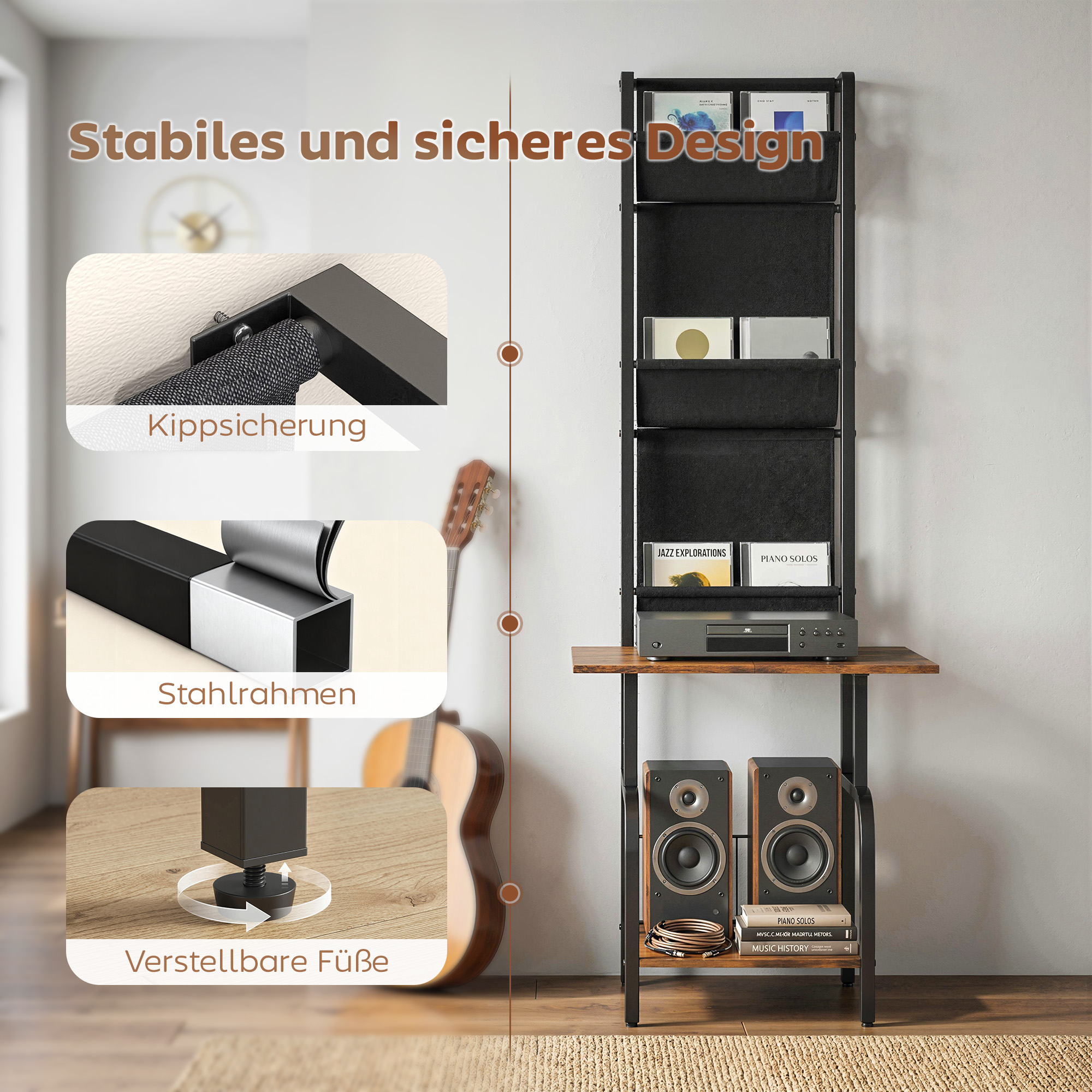 CD-Regal, CD-Aufbewahrung, DVD-Ständer mit 3 Stofftaschen und Tischplatte, Rustikale Holzoptik in Braun