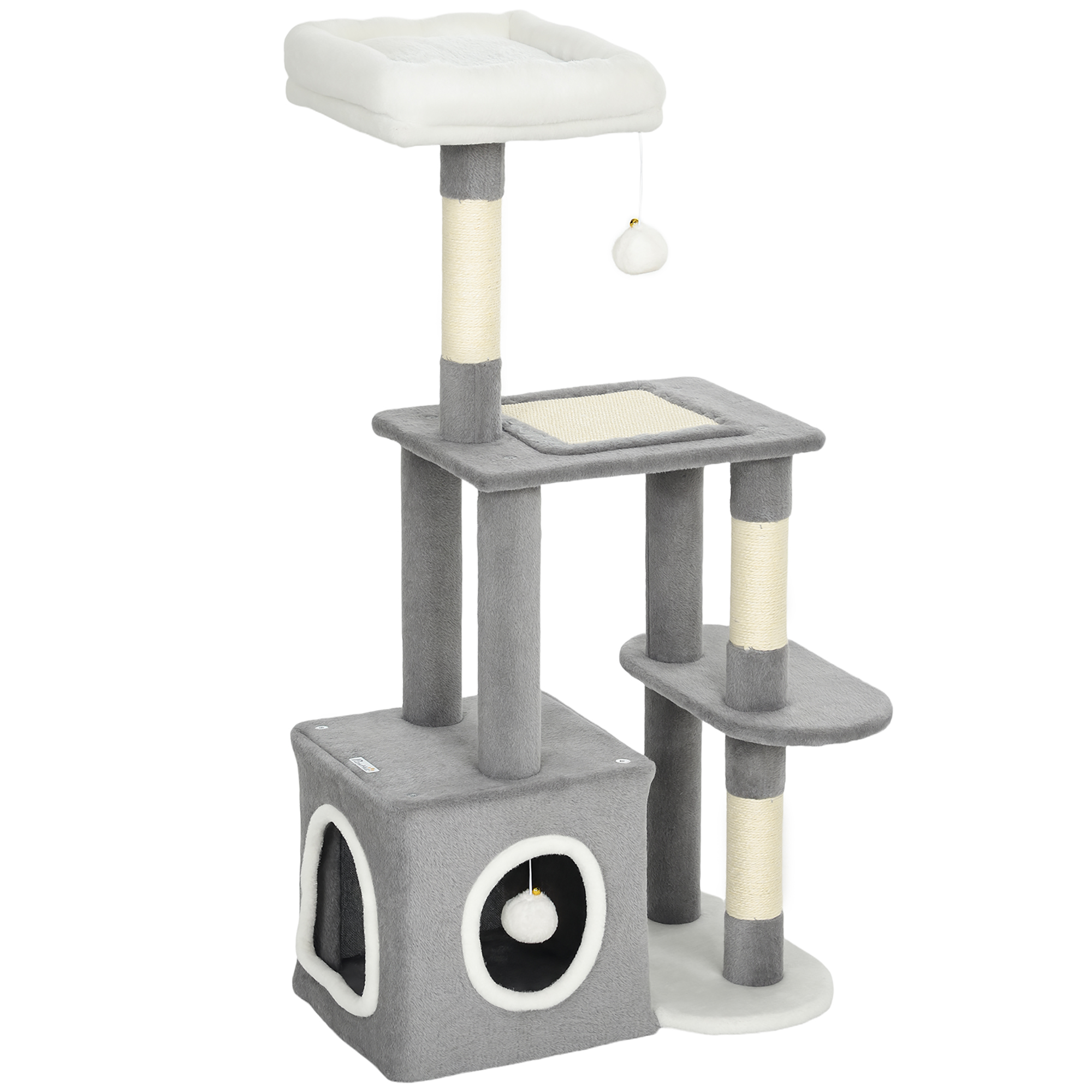 Kratzbaum 107 cm Katzenturm mit Höhle, 2 Plüschballen, Sisalstämme, große Plattform, 55x40x107 cm, Grau