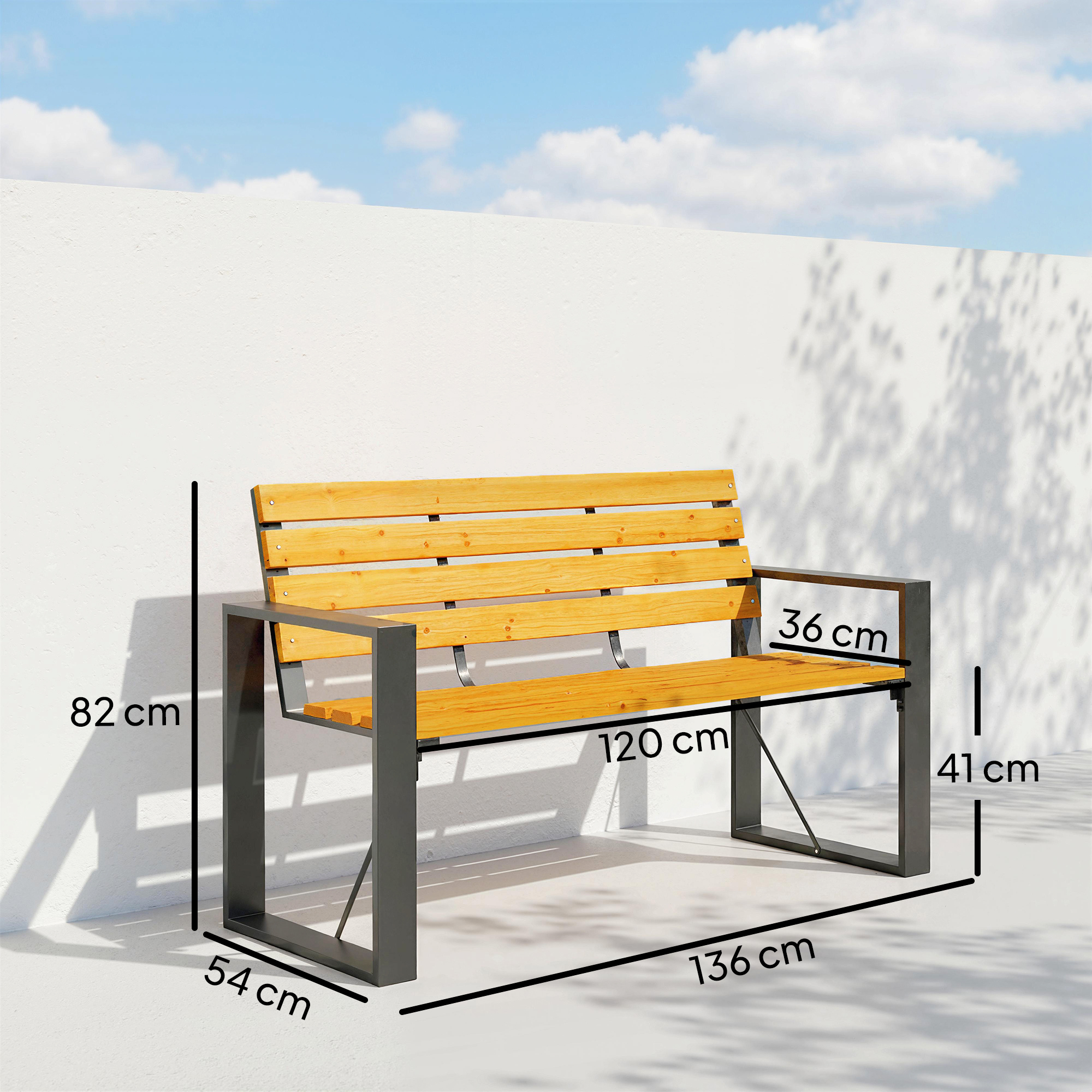 Gartenbank 2-Sitzer Wetterfest Holzbank mit Lamelldesign Armlehnen, Holz Sitzbank bis 240 kg Naturholz