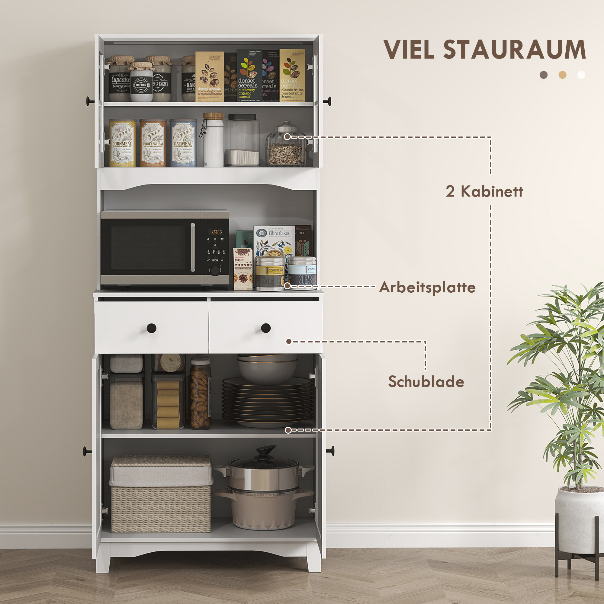 freistehender Küchenschrank mit Arbeitsplatte für Mikrowelle, Kaffeemaschine, Schränke, Glastüren, Weiß