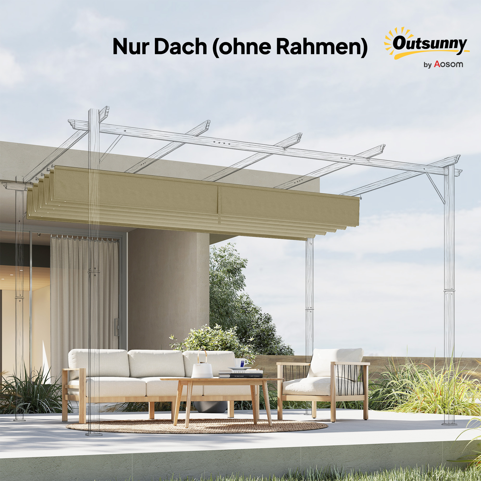 Ersatzdach für 3 x 3 m Pergola, einziehbar, mit Regenabflusslöchern, wetterfest, Polyester, Beige