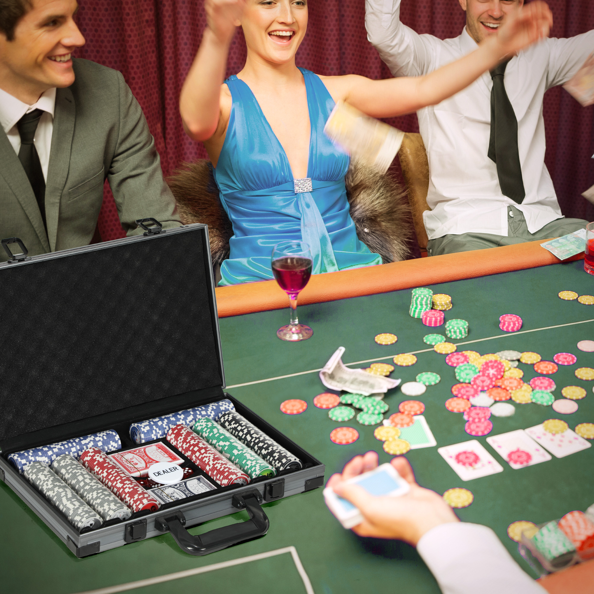 Poker-Set, Pokerkoffer, 400 Chips, 2 Kartendecks, 5 Würfel, Dealer-Scheibe, Unterlage