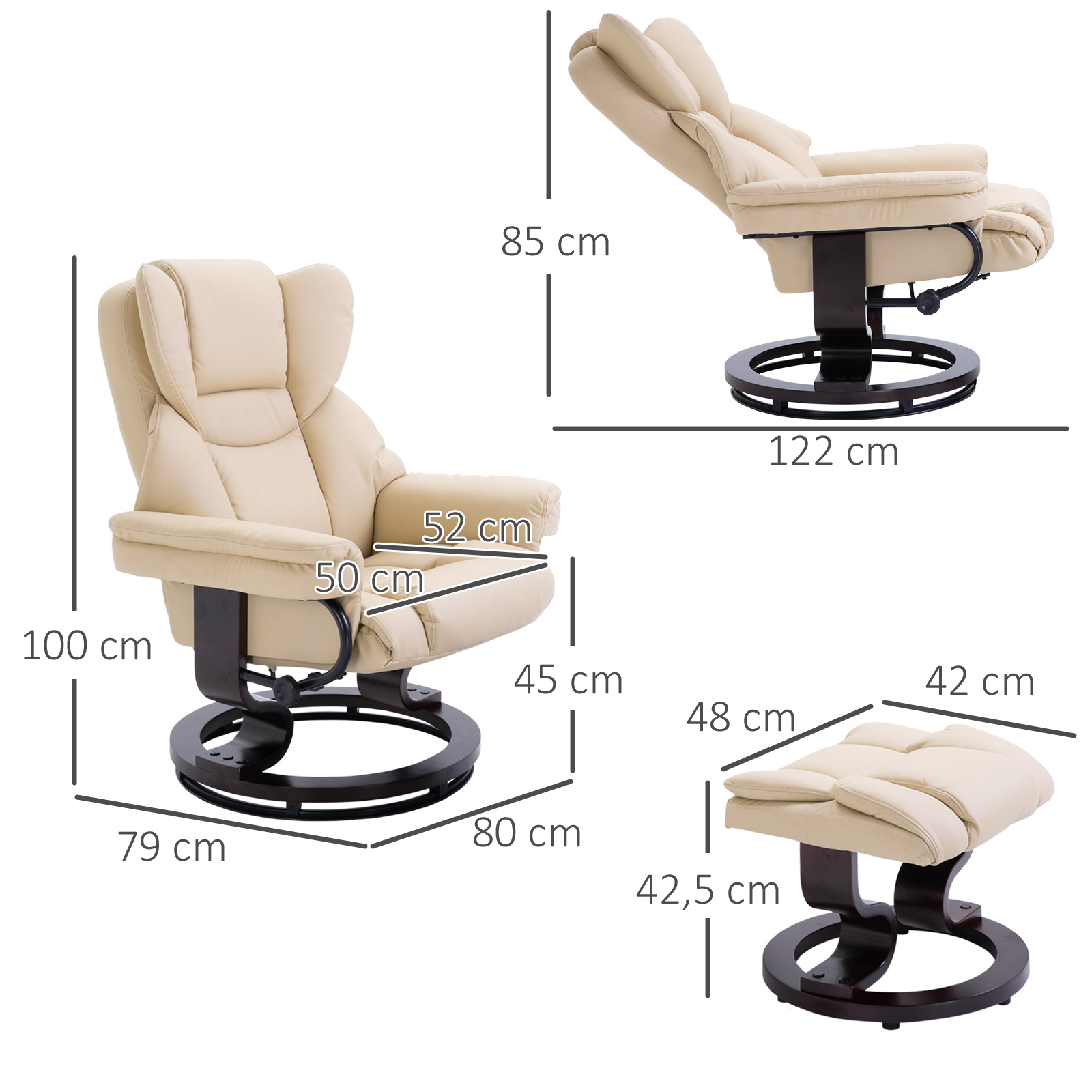 Relaxsessel mit Hocker, Liegefunktion, drehbar, bis 160 kg, Kunstleder, Metallrahmen, creme, 80 x 79 x 100 cm
