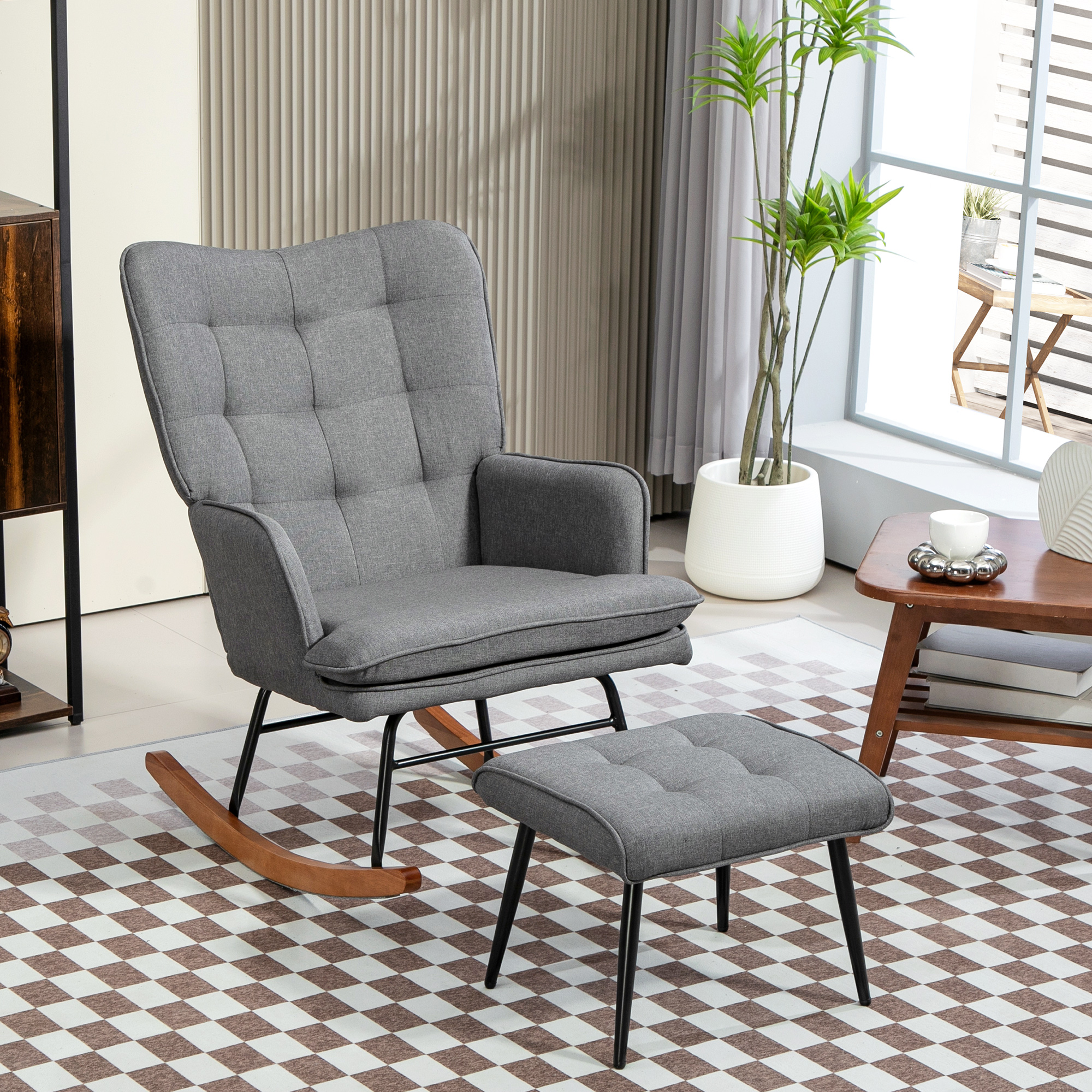 Schaukelstuhl mit Hocker, komfortabel, bis 130 kg, Leinenoptik, 64x89x90cm, Dunkelgrau