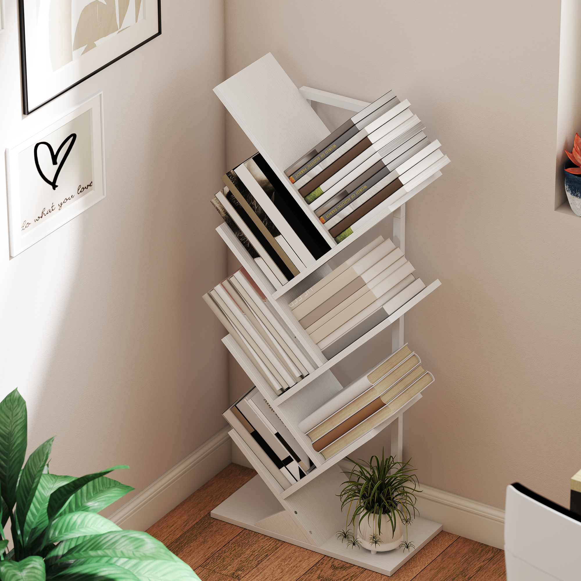 Bücherregal Standregal mit 7 Ebenen Schmal Regal im Baumform für Büro, Rustikal Weiß