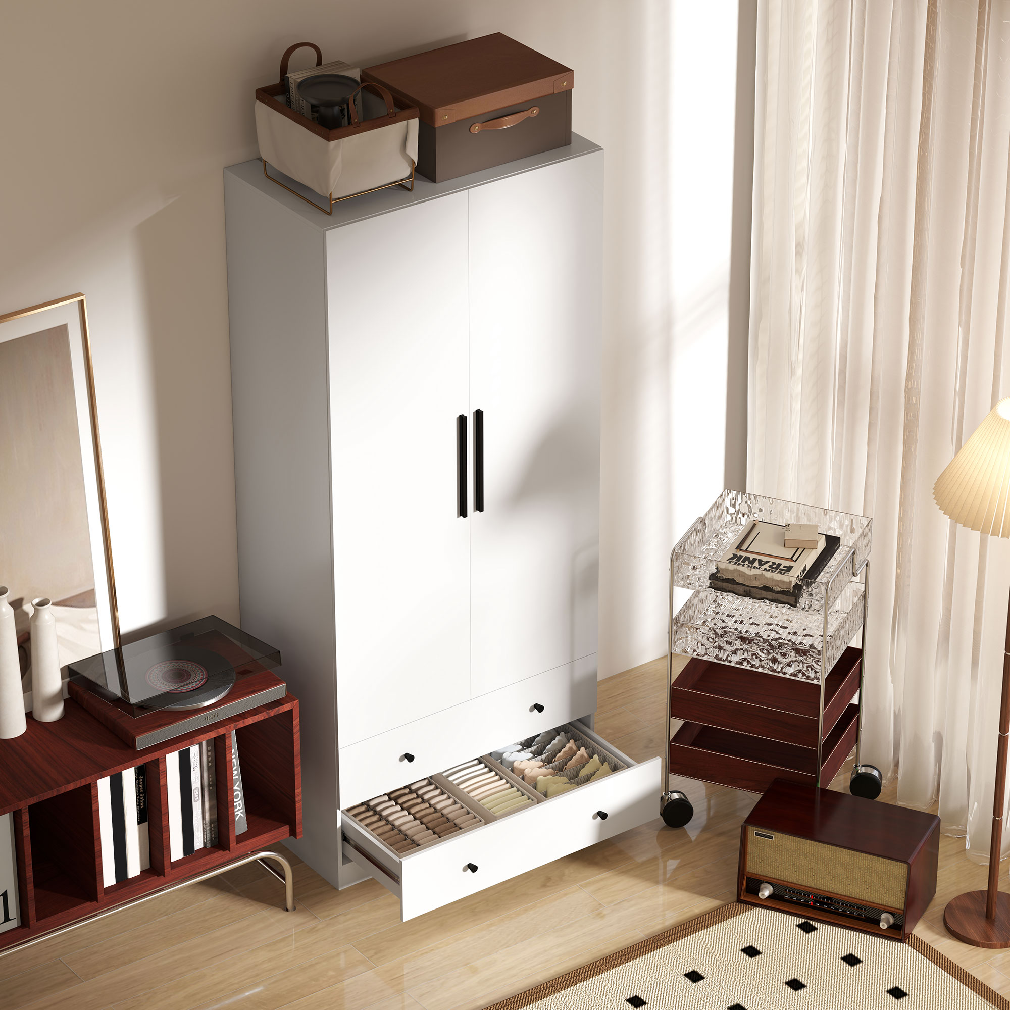 Kleiderschrank, 2 Türen, Hängebereich, Kleiderstange, 2 Schubladen, Spanplatte, Weiß