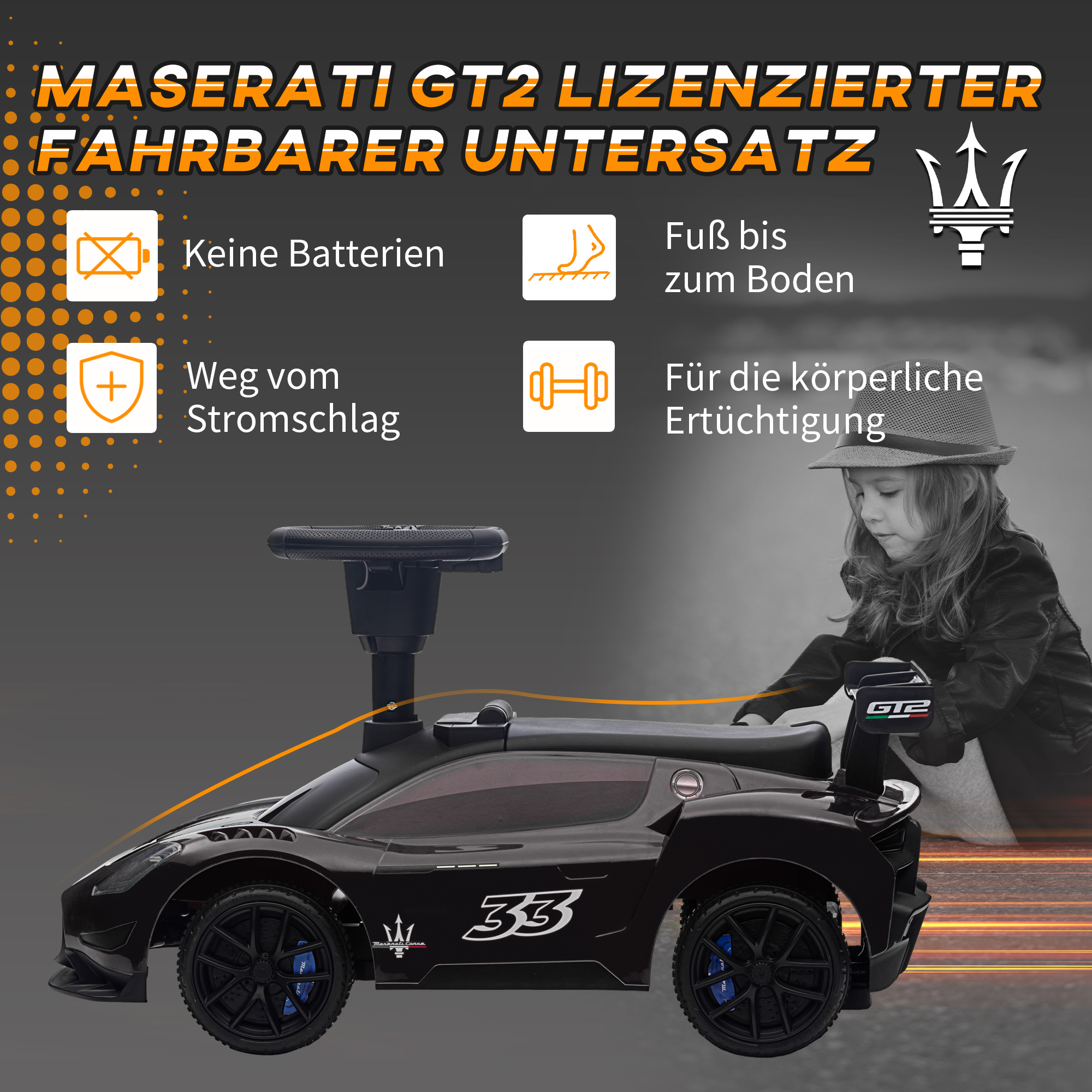 Rutschauto, Maserati, Stauraum, Hupe & Musik, Flüsterreifen, für 1,5 bis 5 Jahre, bis 25 kg, Schwarz
