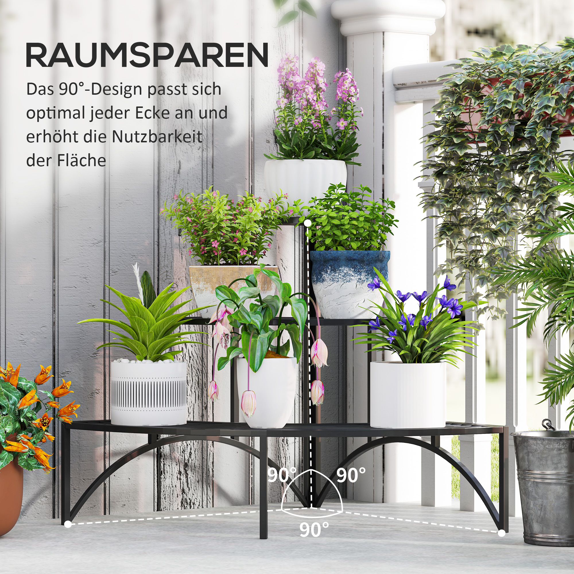 Eckpflanzenständer, Blumenständer mit 3 Ebenen, Metall, für drinnen und draußen, Blumentopfständer, Schwarz