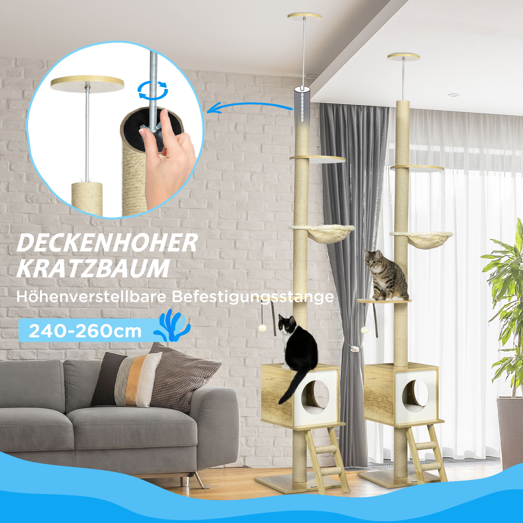 Kratzbaum, deckenhoch, Katzenhaus, zwei Plattformen, Hängematte, Kippschutz, hellbraun+beige, 40 x 40 x 260 cm