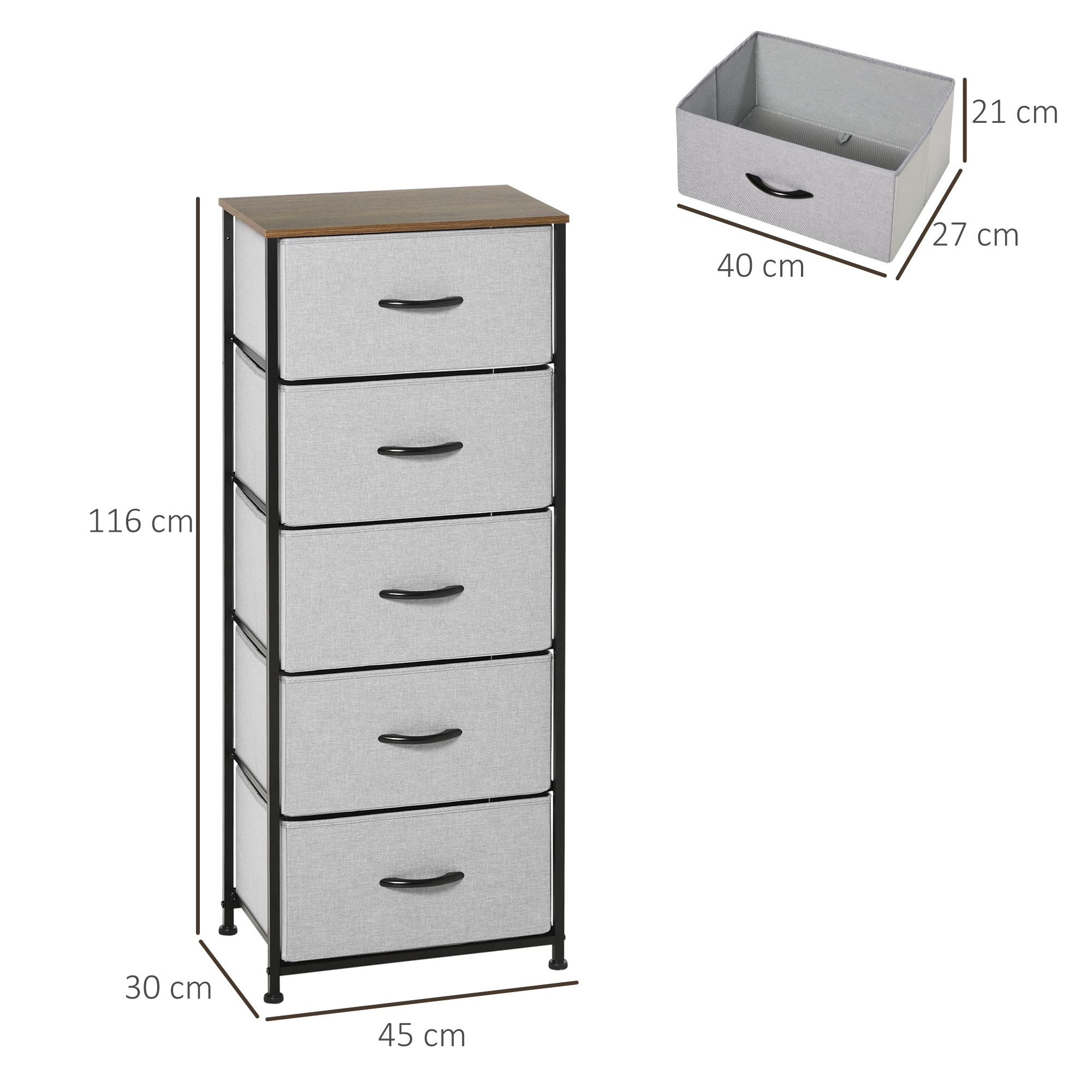 Kommode mit 5 Schubladen aus Stoff Aufbewahrungsschrank mit Griffen 45 x 30 x 116 cm Grau