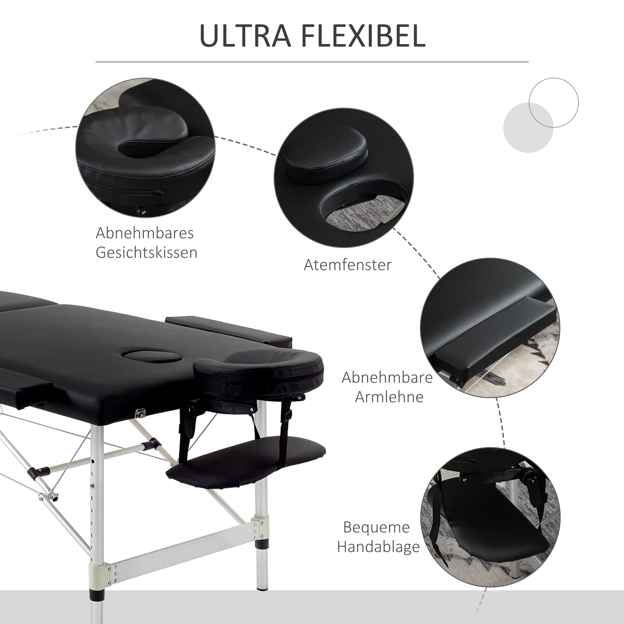 Massageliege, 2 Zonen klappbarer Massagetisch mit Kunstleder, Kopfstütze, Armlehnen, Tasche, höhenverstellbare Massagebank 90cm Breit bis 225 kg belastbar, Schwarz