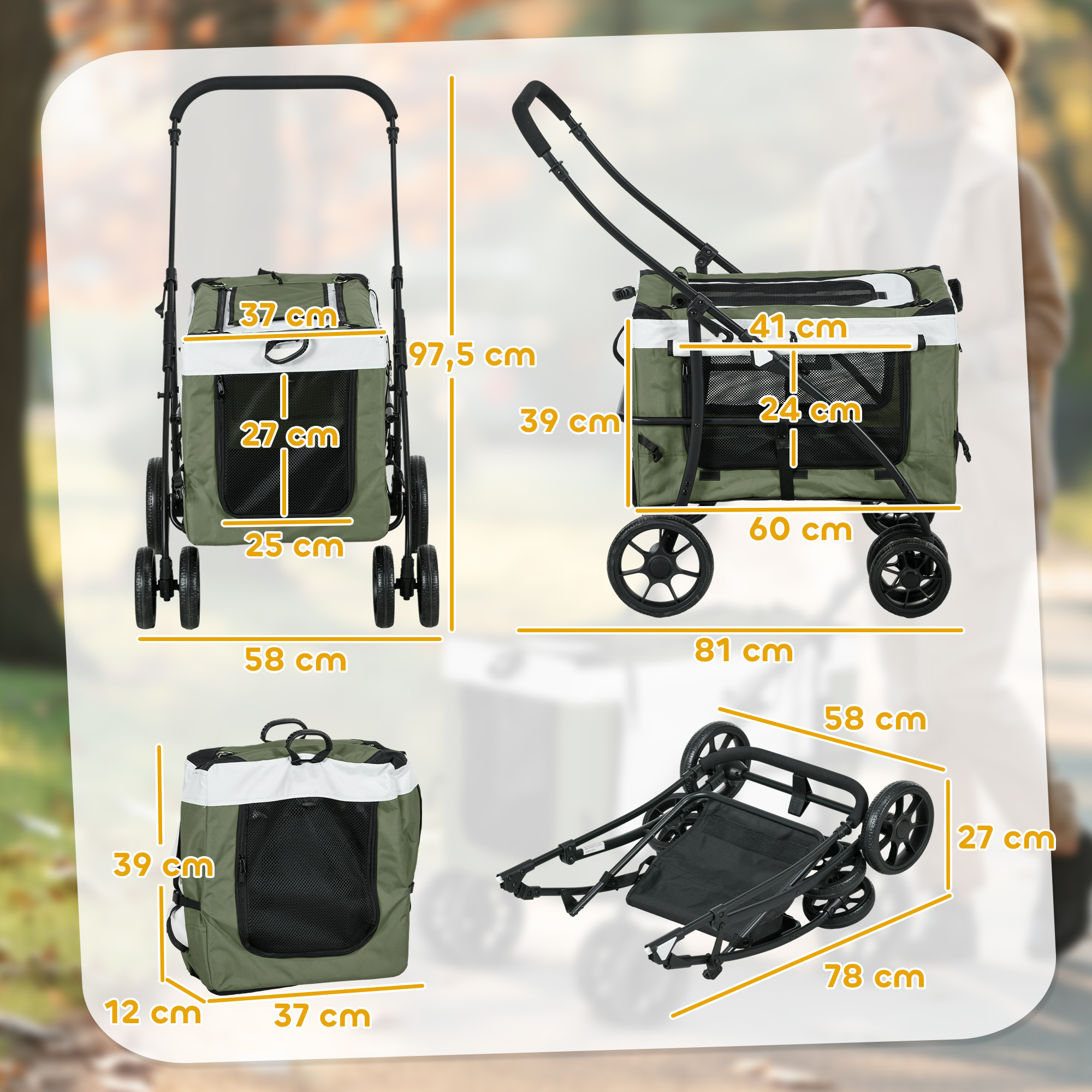 Hundbuggy Haustierbuggy Hundewagen, klappbar, abnehmbarer Korb, 81 x 58 x 97,5 cm, Schwarz+Dunkelgrün+Weiß