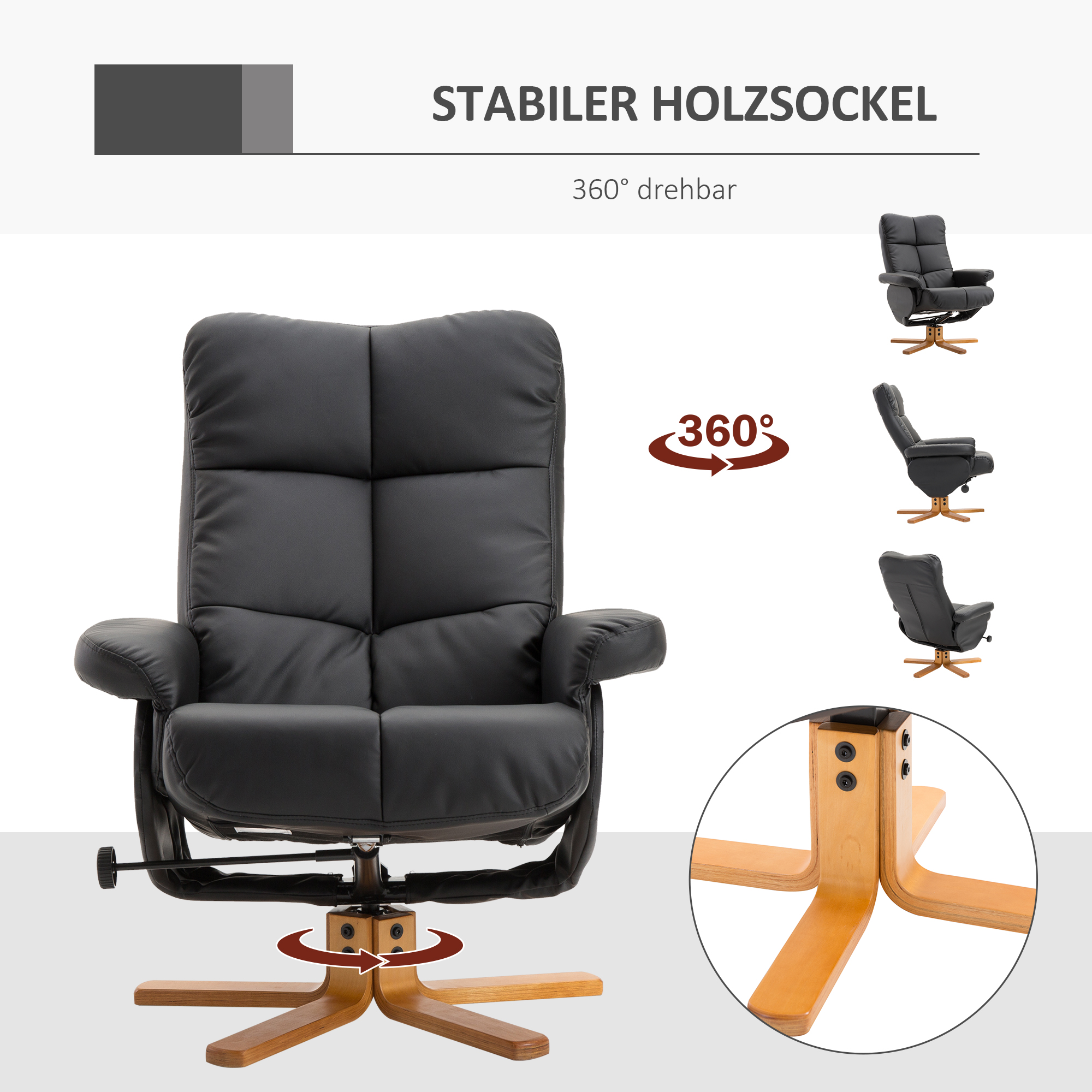 Relaxsessel mit Hocker, Stauraum, Gepolstert Fernsehsessel mit Liegefunktion, 360° Drehbar TV-Sessel für Schlafzimmer, Wohnzimmer, Kunstleder, Schwarz