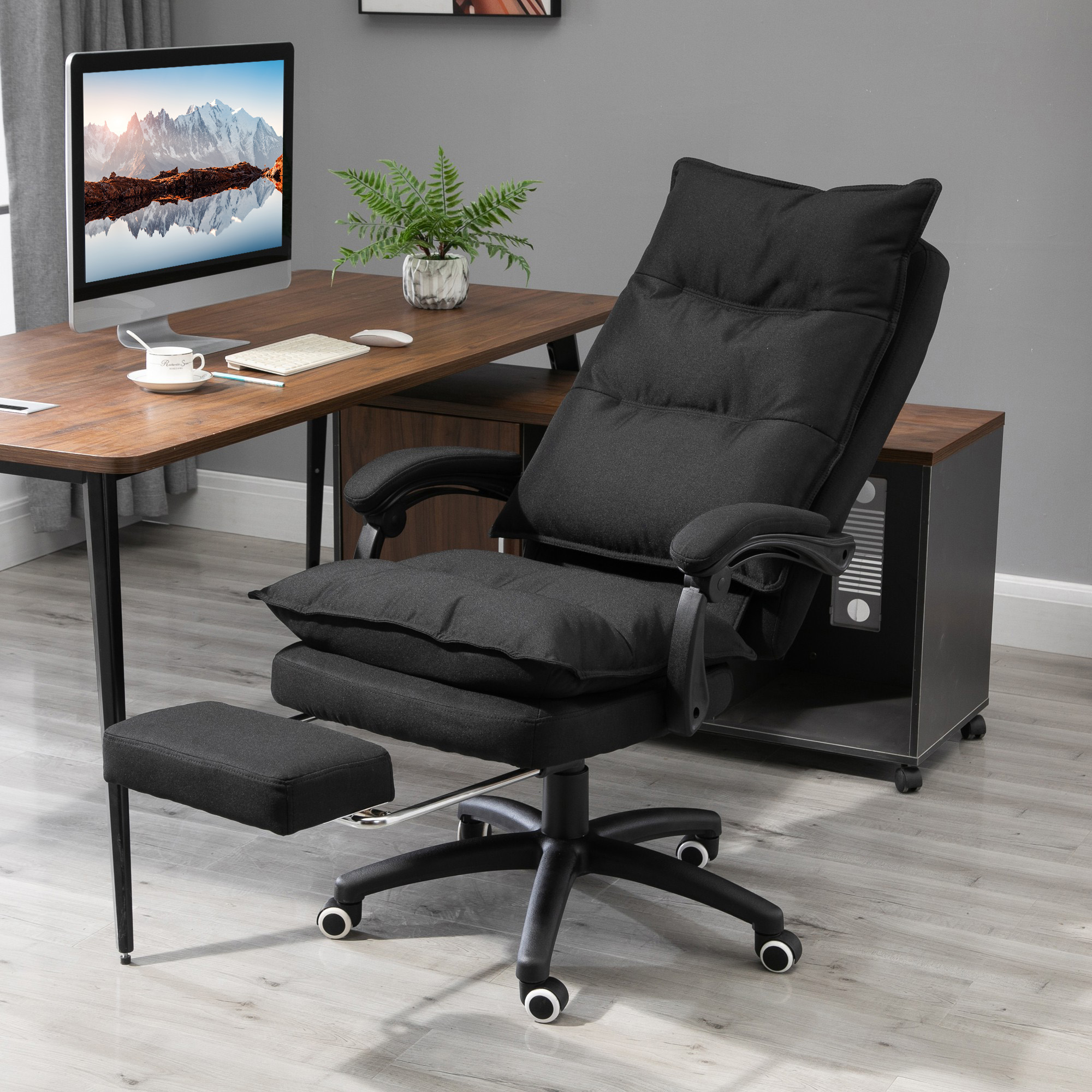Bürostuhl mit Massagefunktion, Ergonomischer Schreibtischstuhl mit Liege- & Drehfunktion, mit Fußstütze, Schwarz