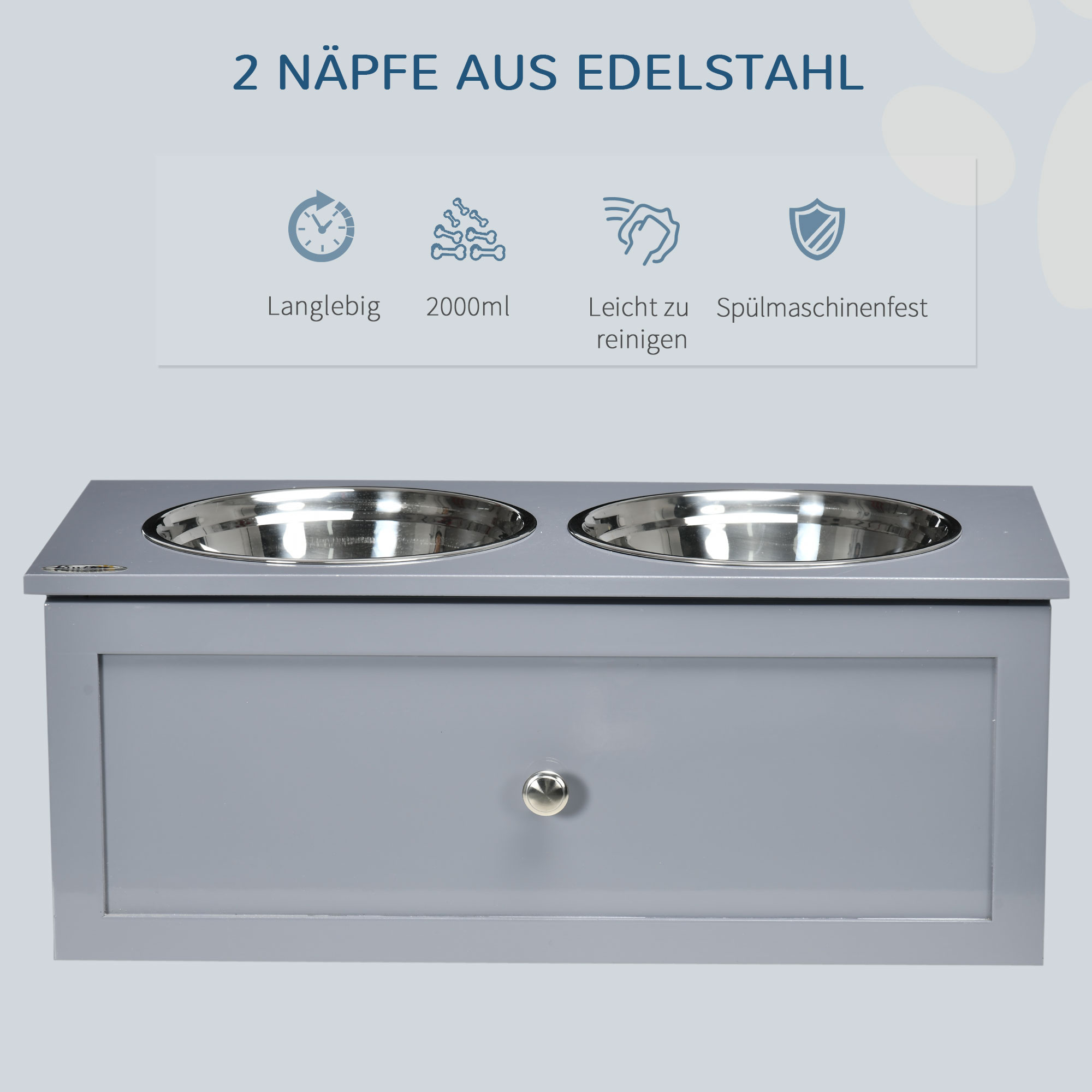 Futterstation, 2 Fressnäpfe je 2 Liter, Edelstahl, mit Schublade, für mittlere Hunde, grau, 60 x 30 x 24cm