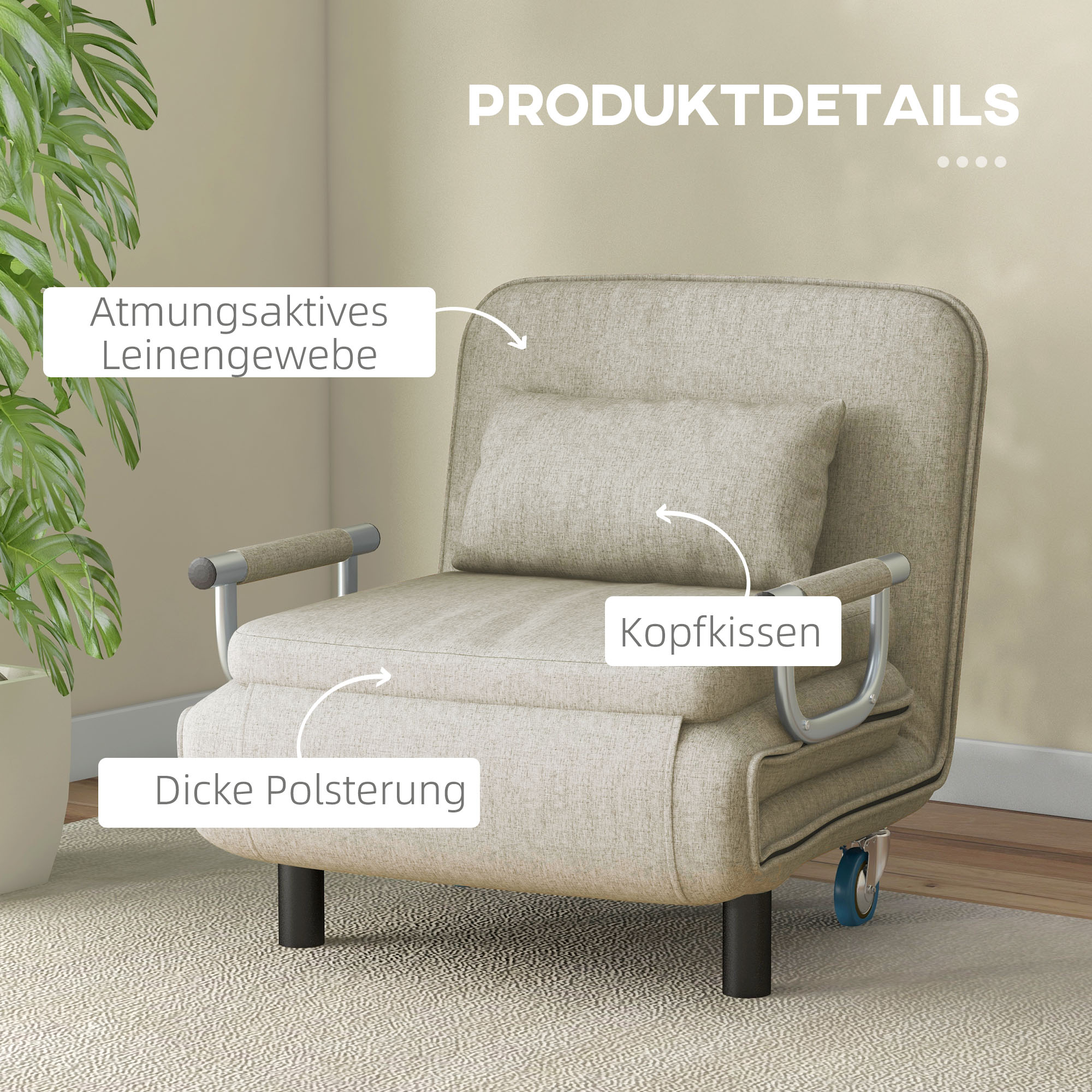Klappbarer Schlafsessel, 3 in 1 Klappsessel mit verstellbarer Rückenlehne, für Schlafzimmer und Gästezimmer, Grau