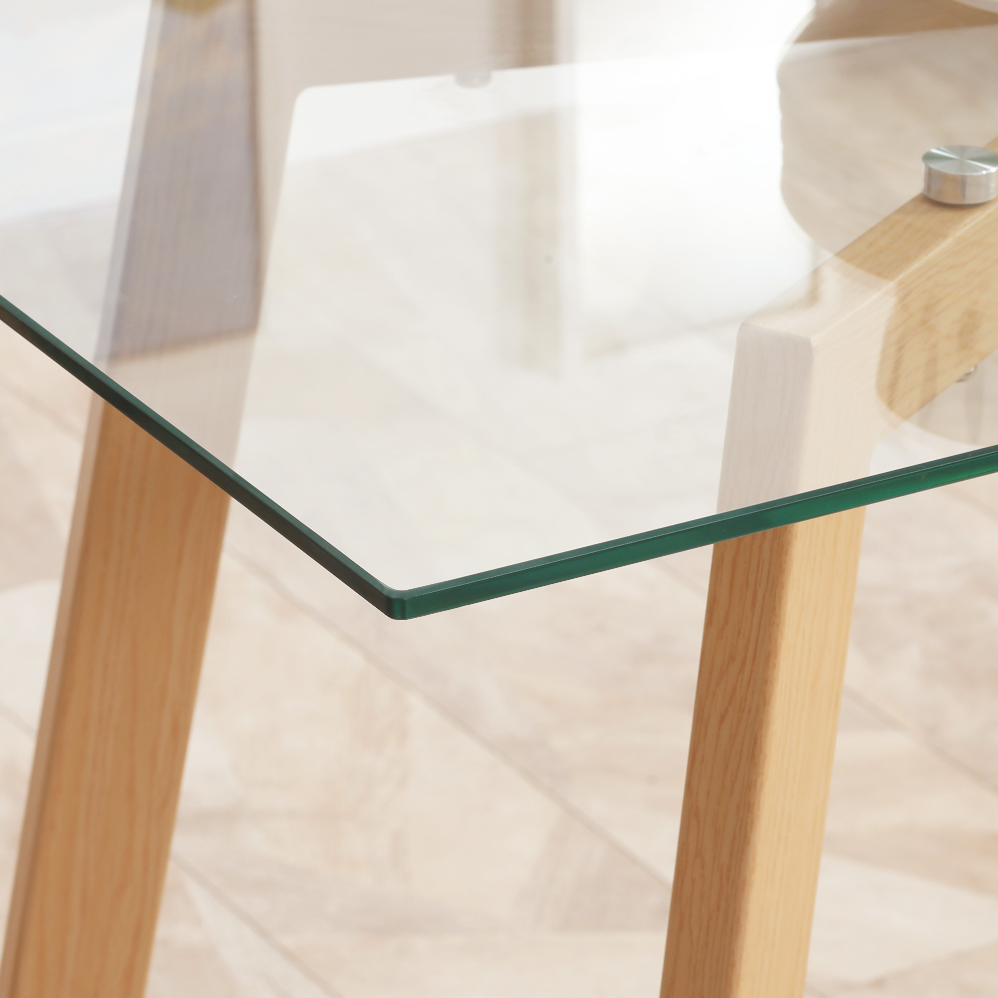 Esstisch für 4 Personen, Glasplatte, Stahlgestell, Holzoptik, 120L x 60B x 76H cm