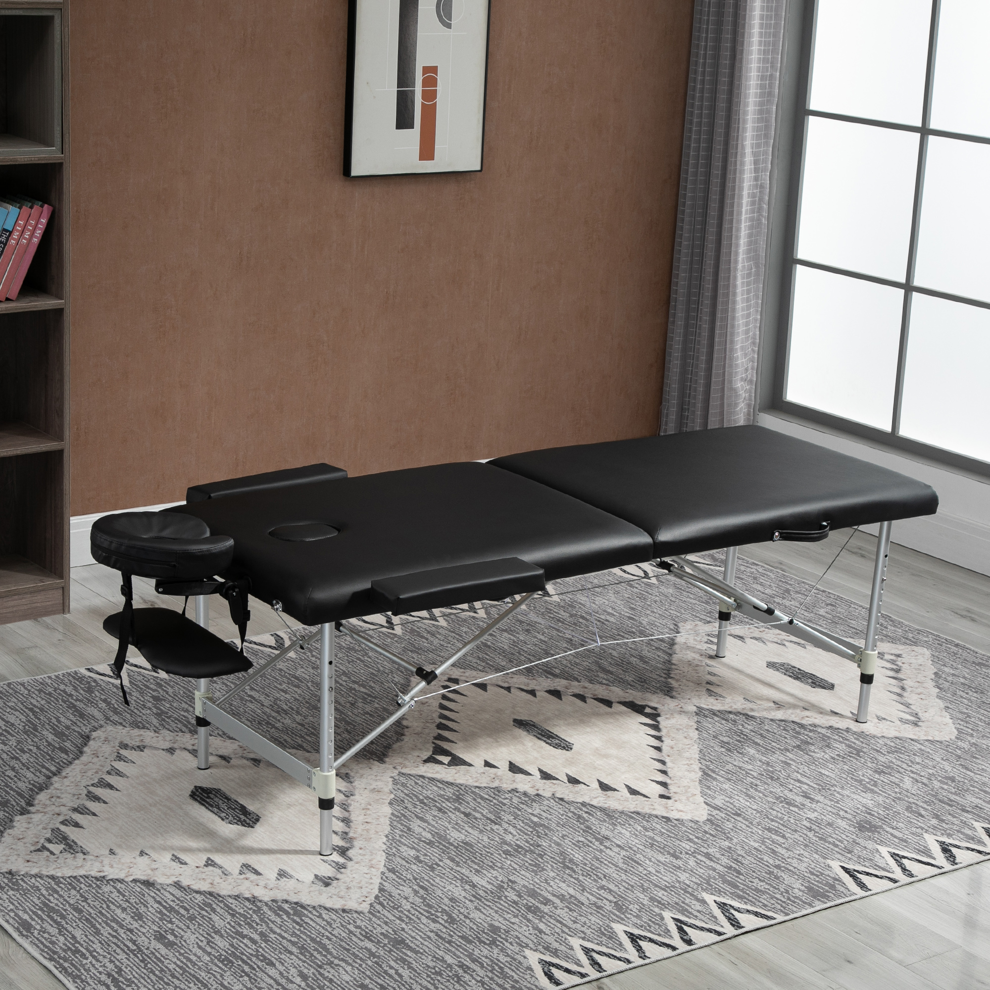 Massageliege, 2 Zonen klappbarer Massagetisch mit Kunstleder, Kopfstütze, Armlehnen, Tasche, höhenverstellbare Massagebank 90cm Breit bis 225 kg belastbar, Schwarz