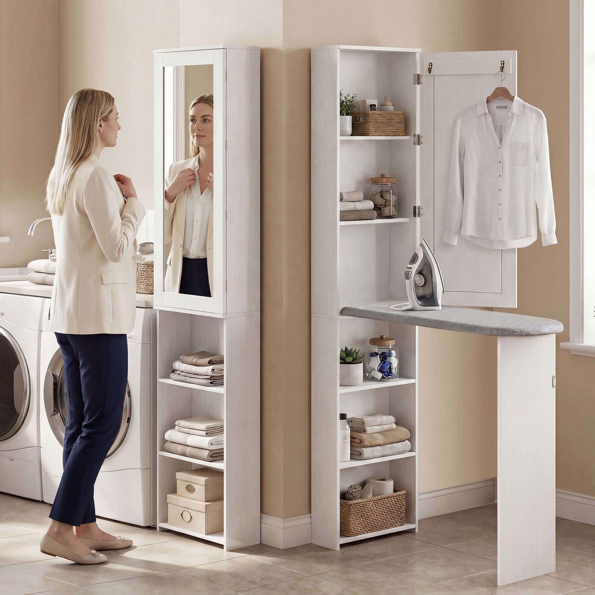 Faltbar Bügelbrettschrank mit Tür internen Regalen Spiegel Platzsparend Bügeltisch für Wäschepflege 106x35x174 cm Weiß