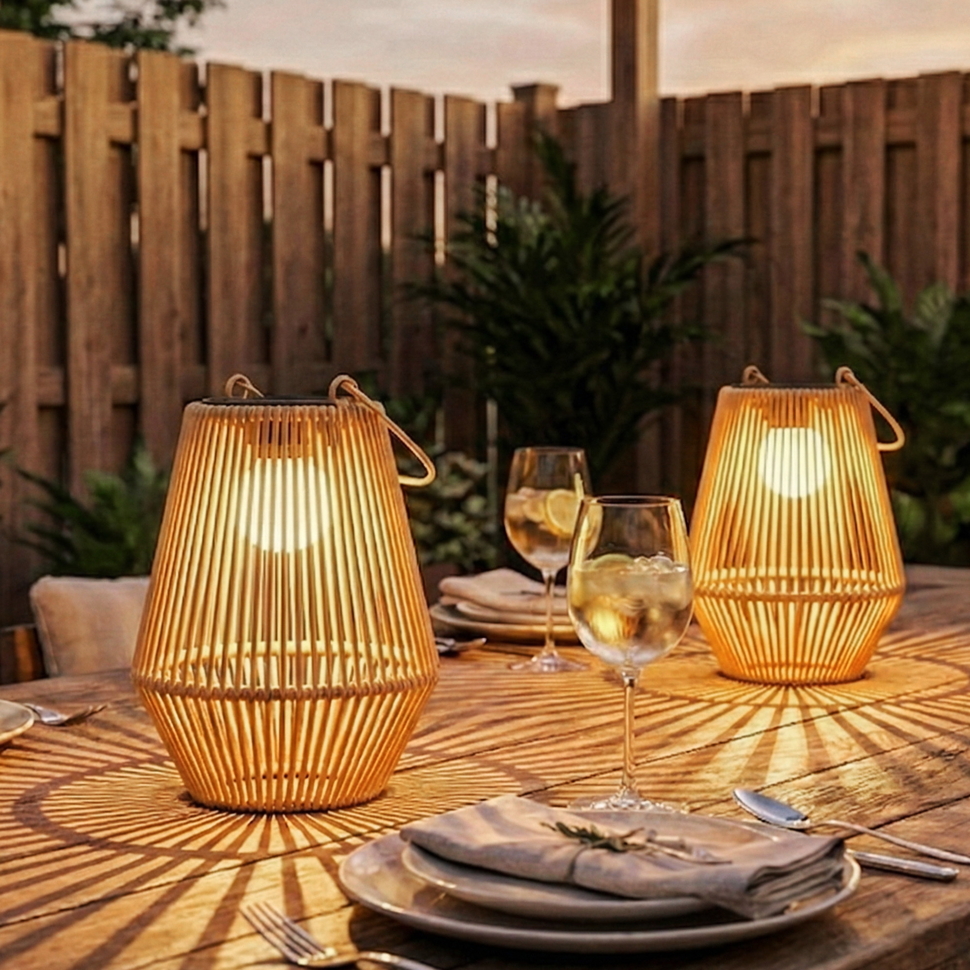 Solar Stehlampe 2er Set Rattan Hängend Solarlampen mit Lichtsensor IP44 wasserdichte Solarlampe für Garten Balkon Braun
