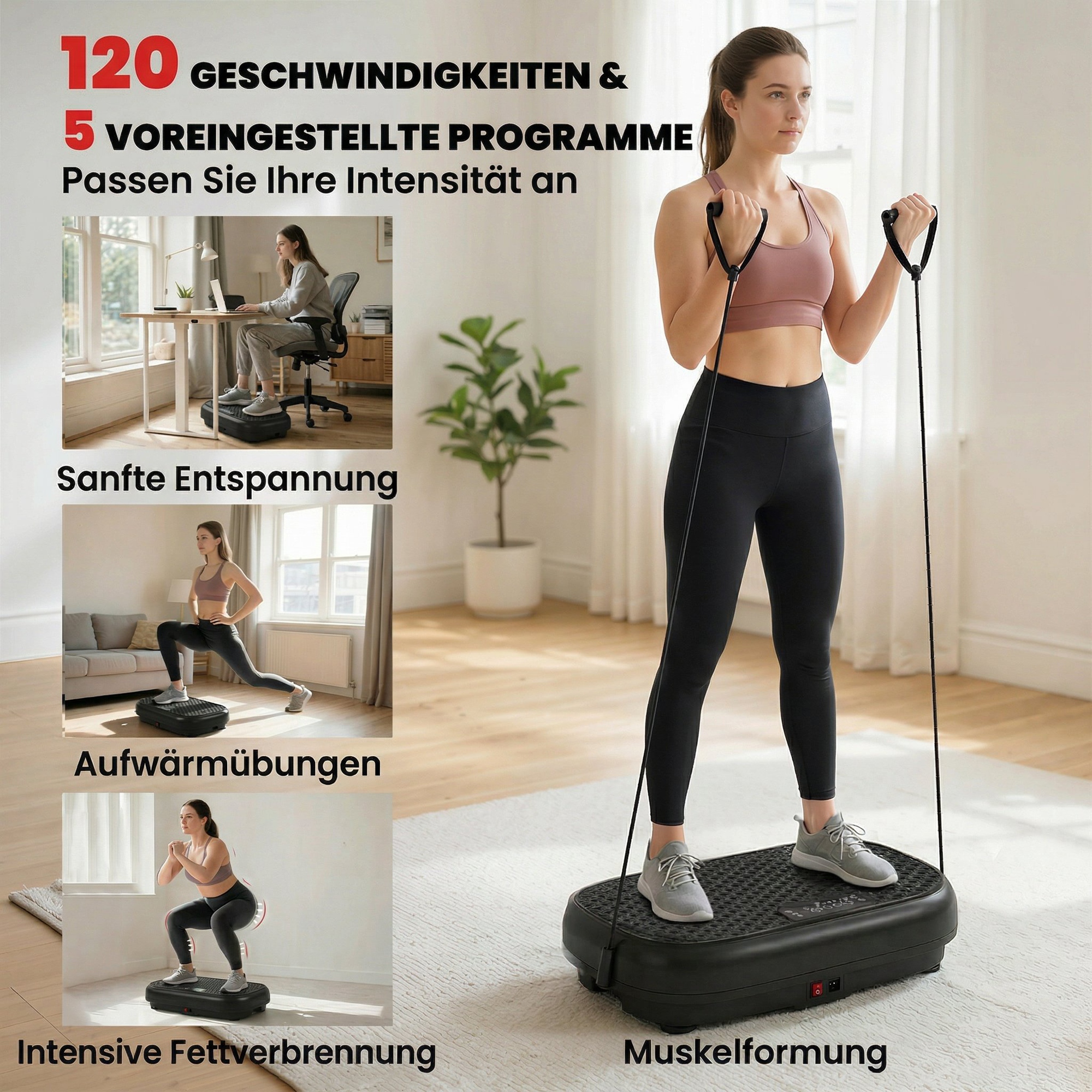 Vibrationsplatte Rüttelplatte mit 120 Intensitätsstufen 5 Vorprogramm Fernbedienung LED-Display für Muskelaufbau Schwarz