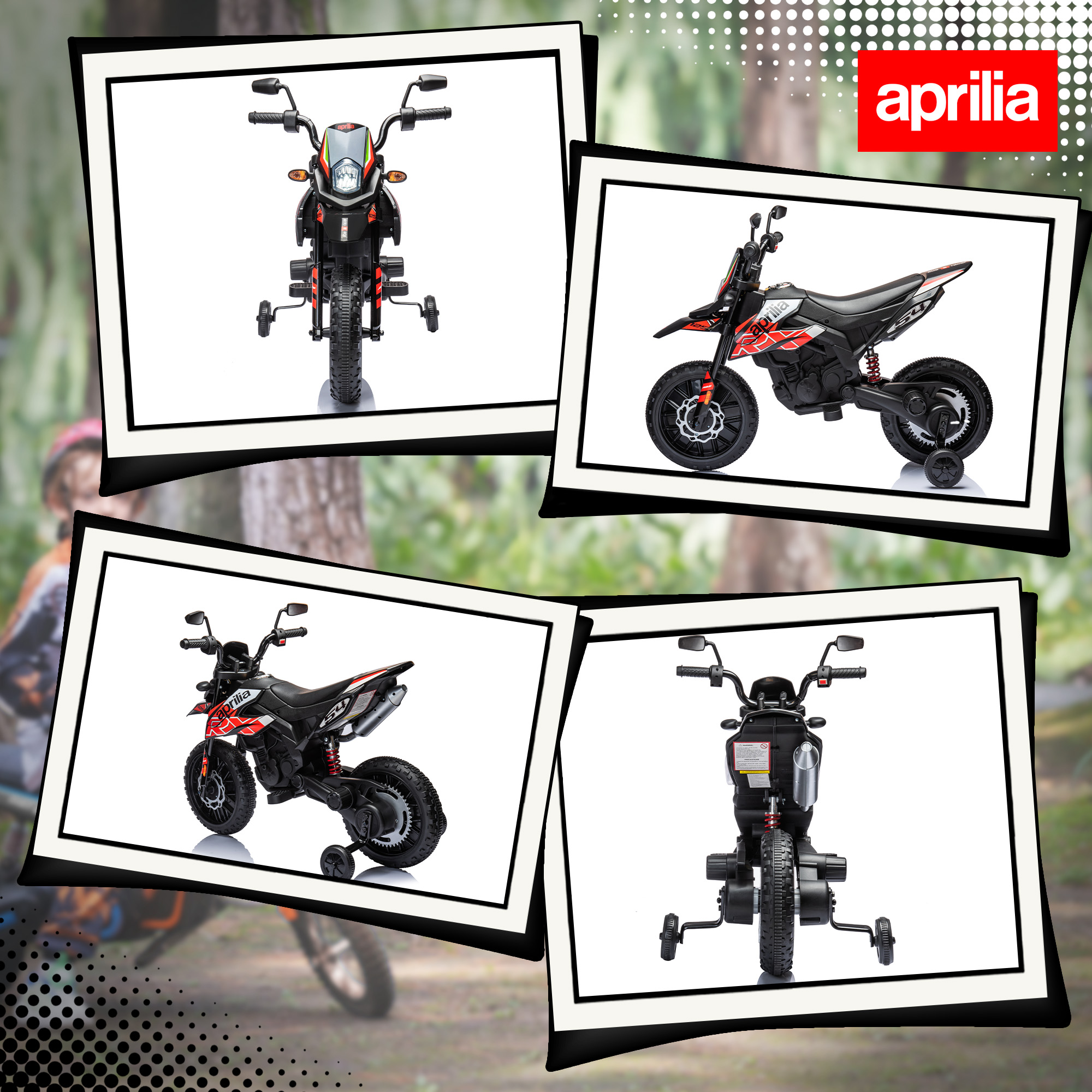 Elektro Motorrad Kinder 12 V Elektromotorrad mit 2 Motoren Stützrädern, Stoßdämpfer 13 Zoll Räder Musik, USB