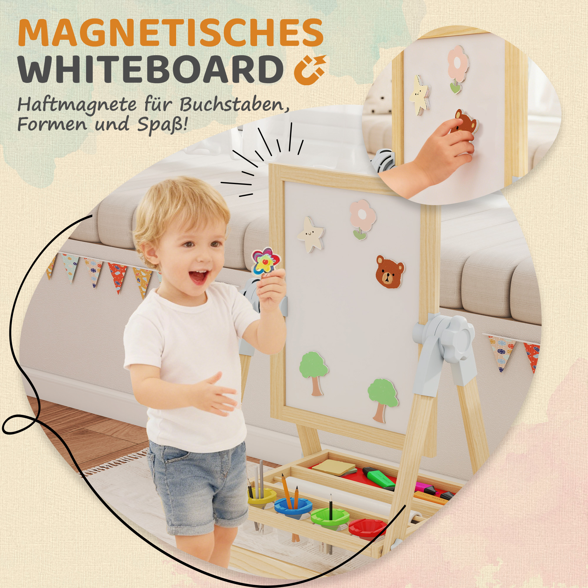 Kinder Staffelei aus Holz, Doppelseitige Whiteboard und Tafel Höhenverstellbar Standtafel mit Papierrolle, Ablage, Natur
