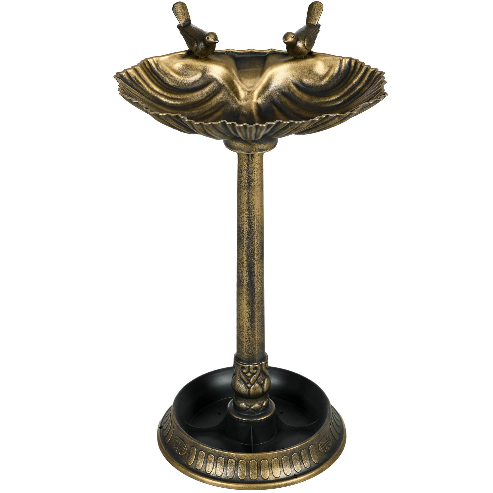 Vogeltränke, Vogelbad mit Statuen, 2 Becken, Kunststoff, antiker Look, 49,5L x 38B x 81H cm, Bronzefarben