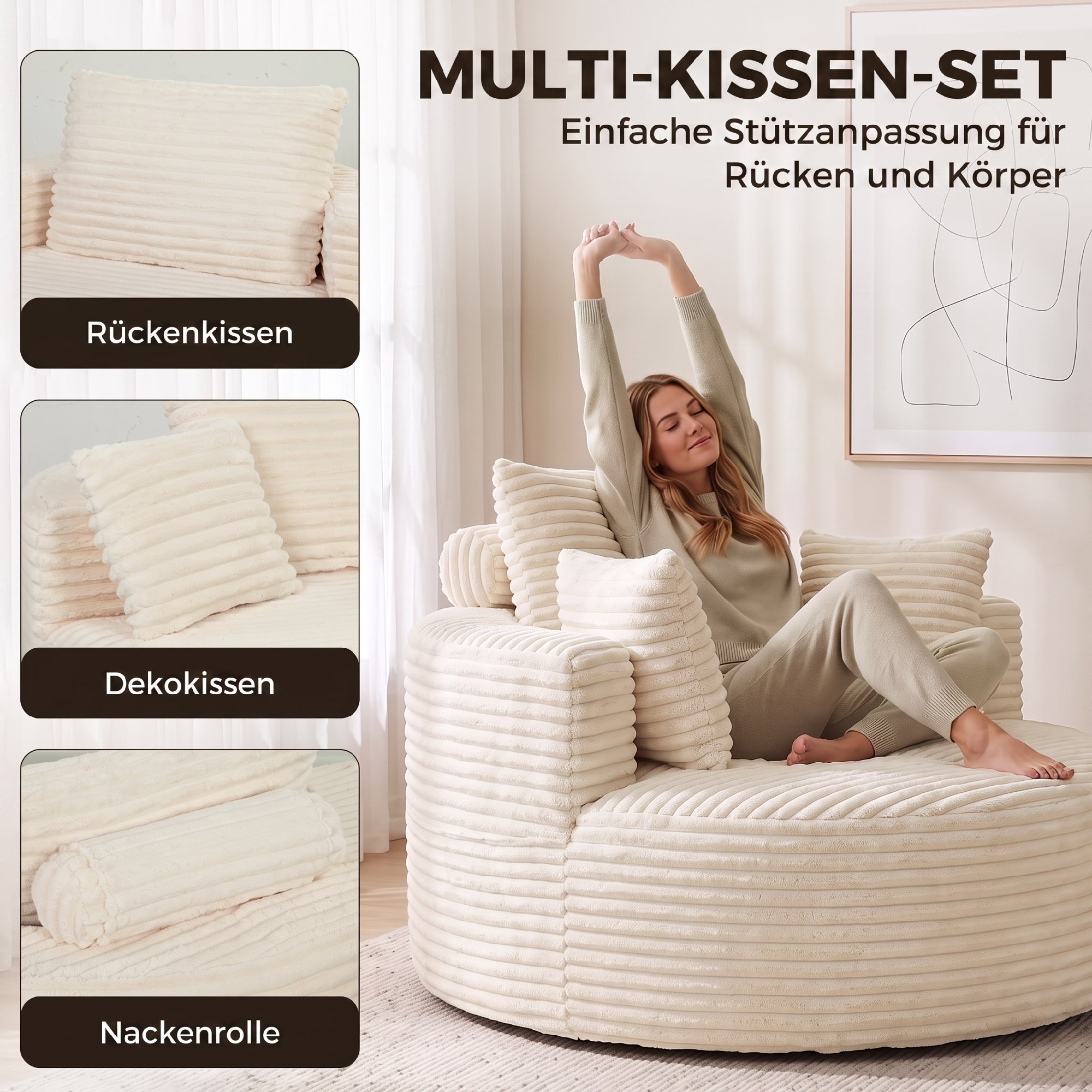 Sessel mit tiefer Sitzfläche, Einzelsofa ohne festen Rahmen, Vollschaum-Design, 4 Kissen, Cremeweiß