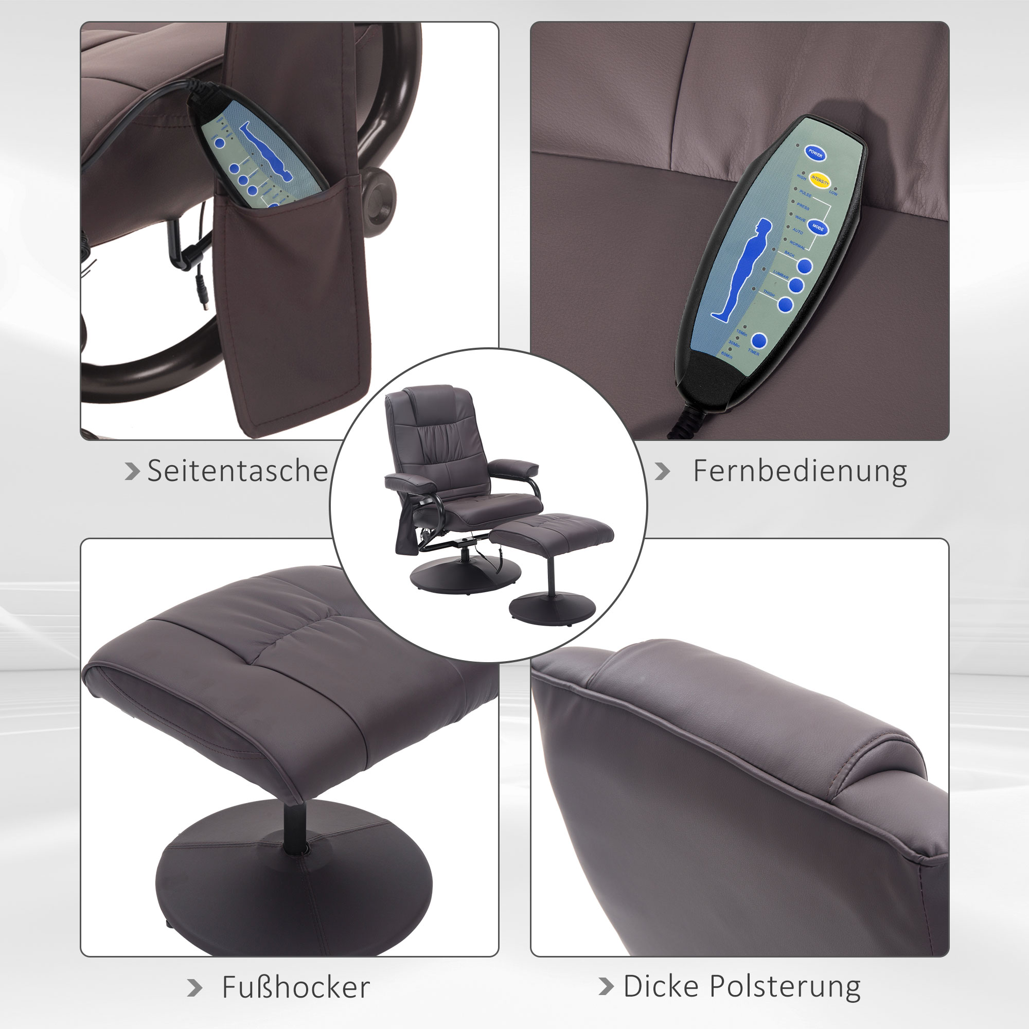 Massagesessel Relaxsessel, inkl. Fußhocker, 10 Vibrationspunkte, 1 Fernbedienung; 77 cm x 84 cm x 95 cm, Braun