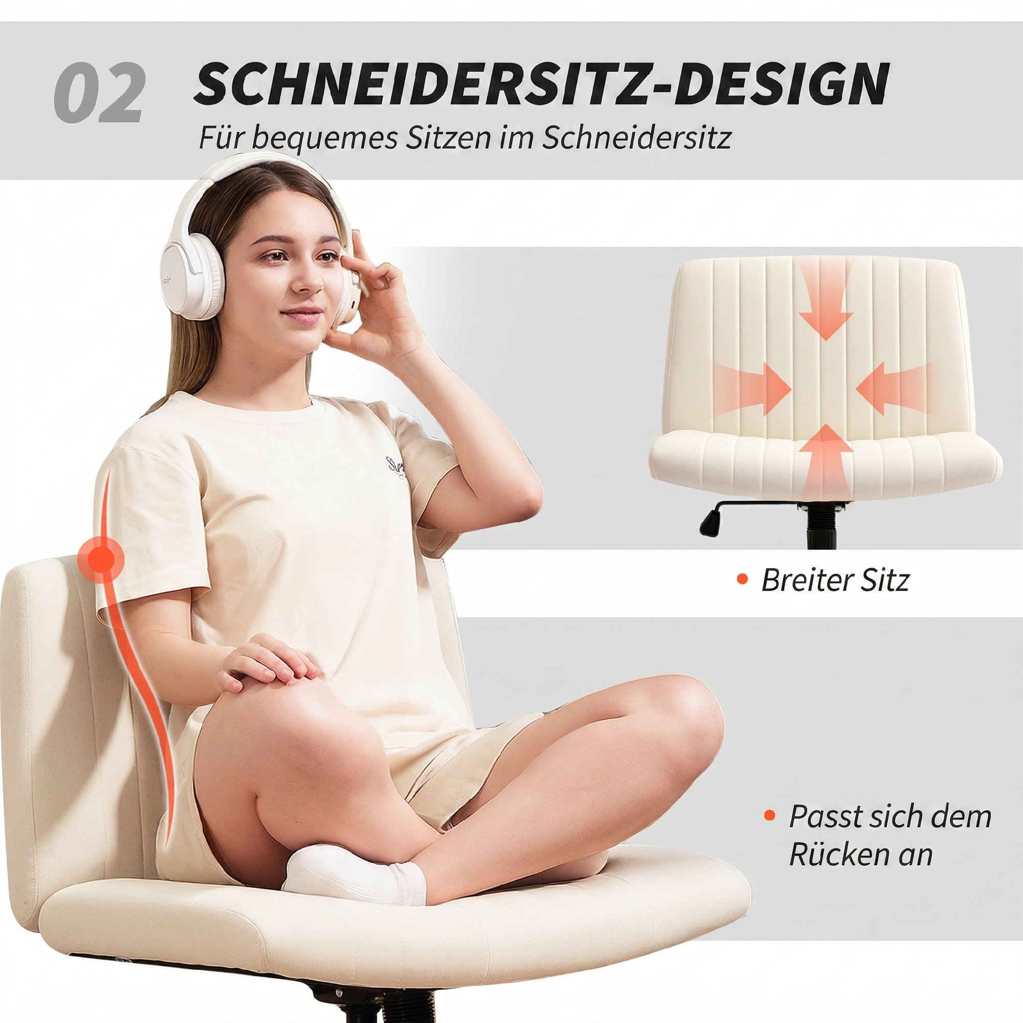Homeoffice Stuhl höhenverstellbar Drehstuhl mit Leinenoptik Schneidersitz-Stuhl bis 120 kg belastbar, Cremeweiß
