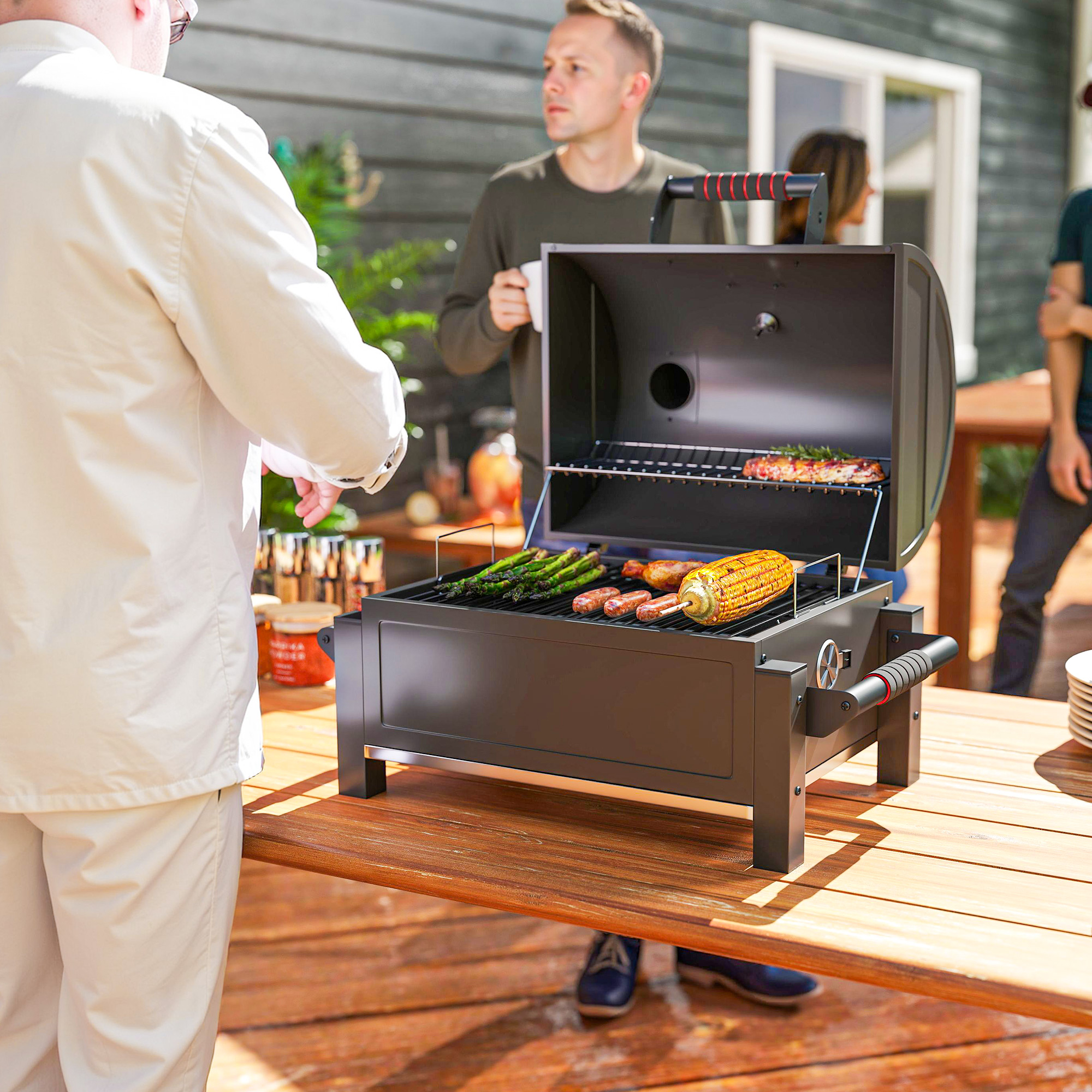Kohlegrill mit Deckel, Warmhalterost, Aschefach, Thermometer, rostfrei, 67 x 53 x 55cm, Schwarz/Rot