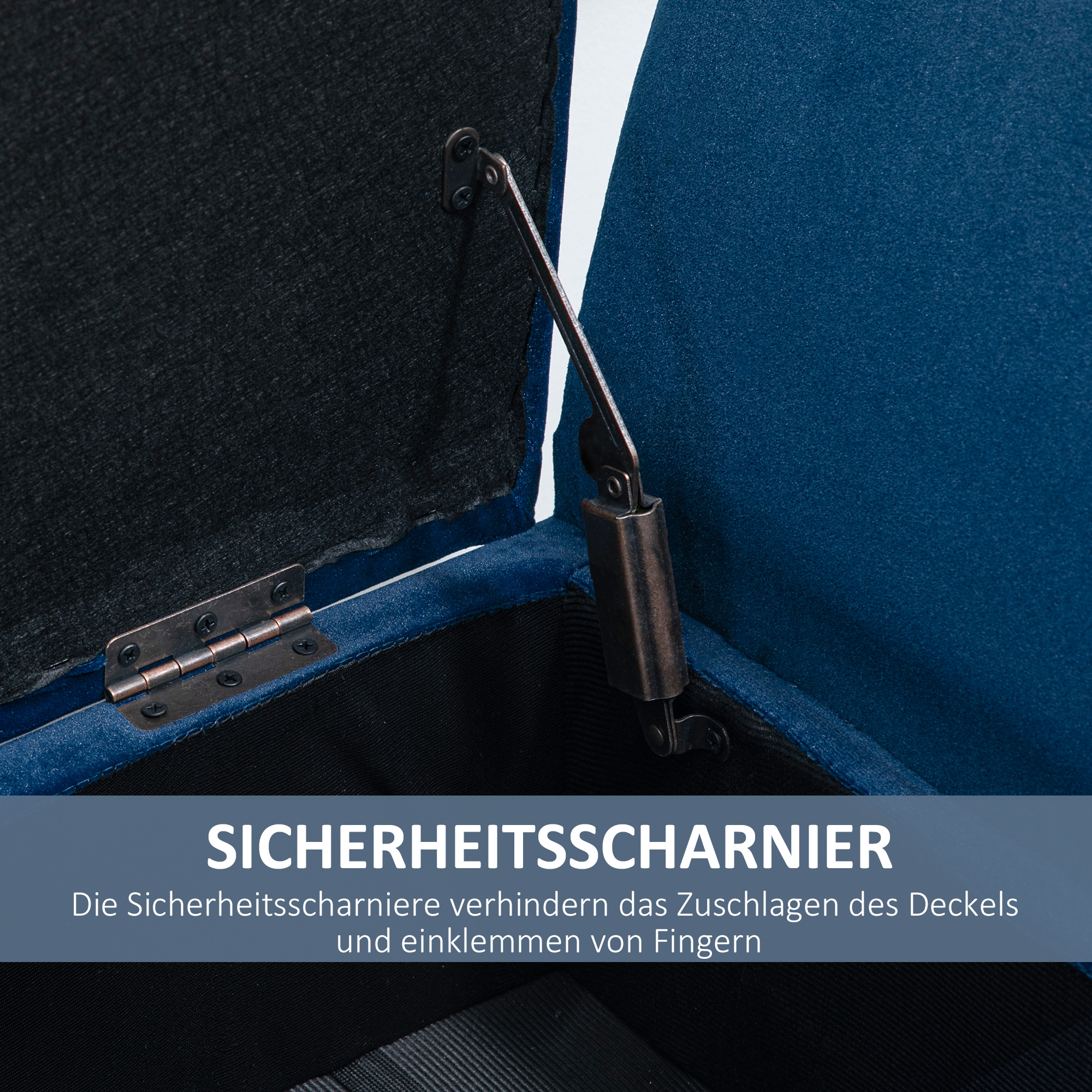 Sitzbank mit Stauraum Armlehnen Polsterbank mit Samtoptik, Sitztruhe mit Holzbeine, Truhenbank für Wohnzimmer Schlafzimmer Flur 107 x 42 x 65 cm, Blau