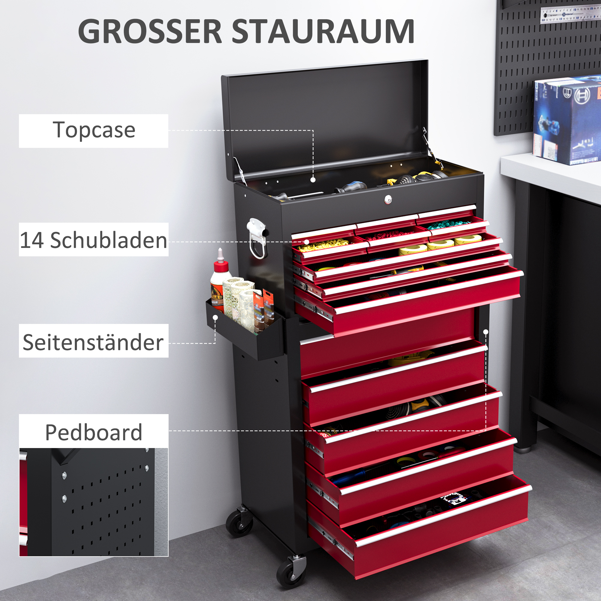 Werkzeugwagen, zweiteilig, abschließbar, 14 Schubladen, Lochwand, Stahl, Rot