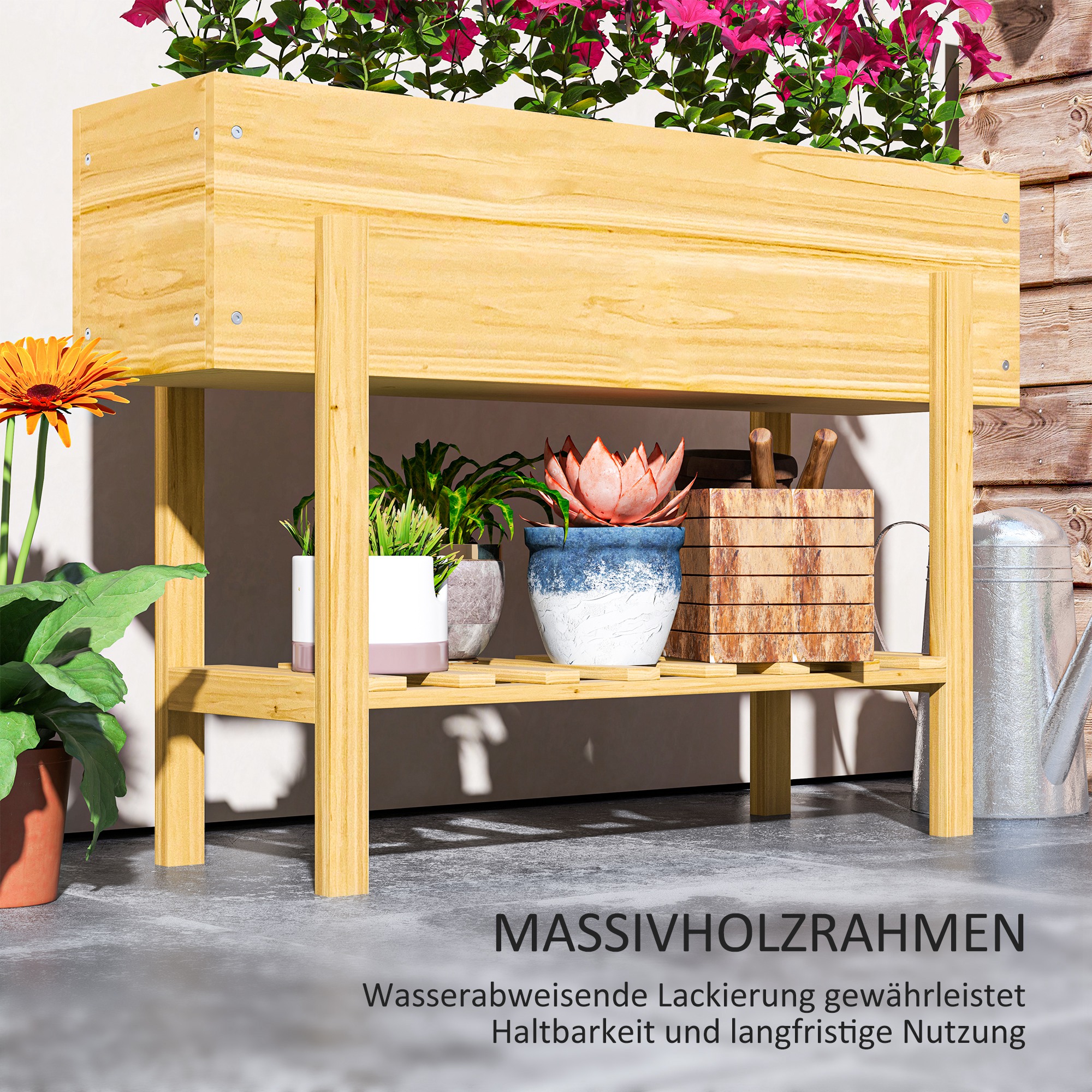 Blumenkasten mit unterem Regal, Holzbeet mit Vlies-Auskleidung und Entwässerungslöchern, 100 x 30 x 70,5 cm, Naturholz
