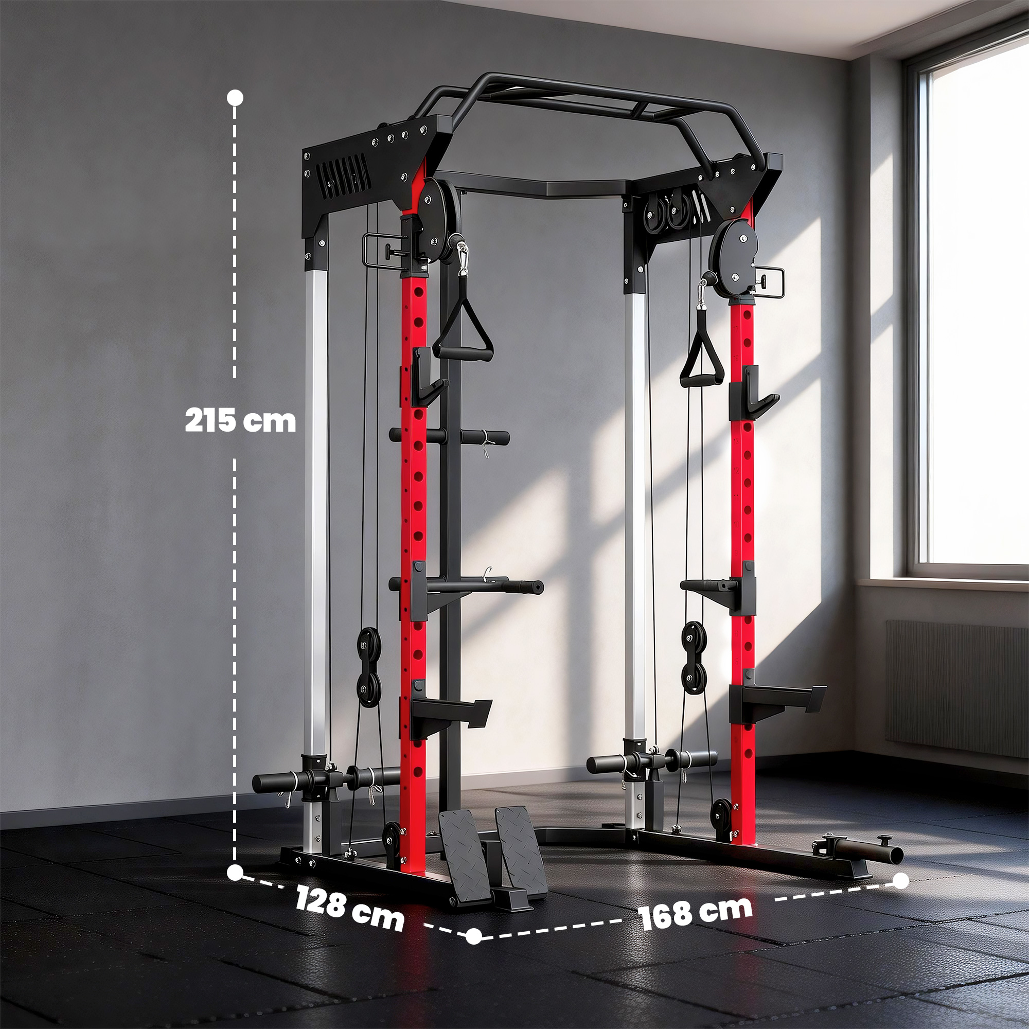 Power Cage Smith Machine, Power Rack mit verstellbarem Kabelzugsystem, multifunktional bis 300kg