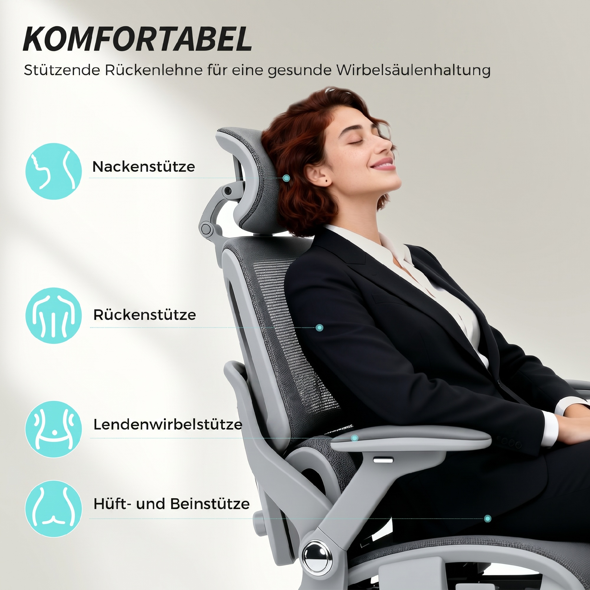 Ergonomischer Bürostuhl, Mesh-Computersessel mit separatem Rücken, Lendenstütze, 4D klappbare Armlehnen, Grau