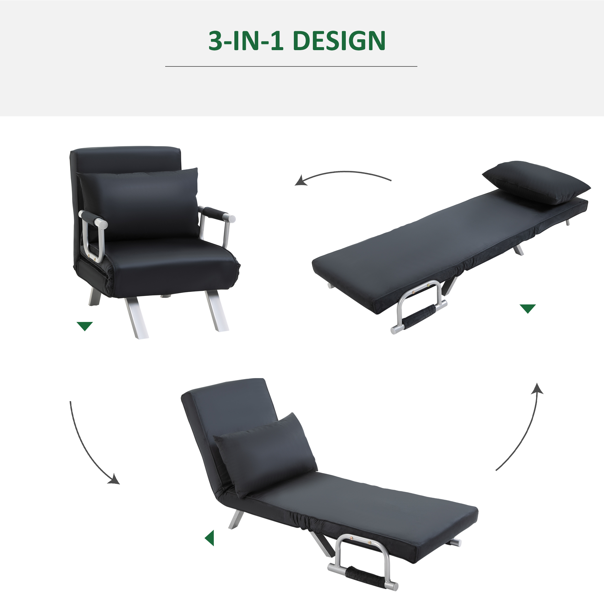 3-in-1 Schlafsofa, Gästebett, Sessel inklusive Kissen, Schwarz