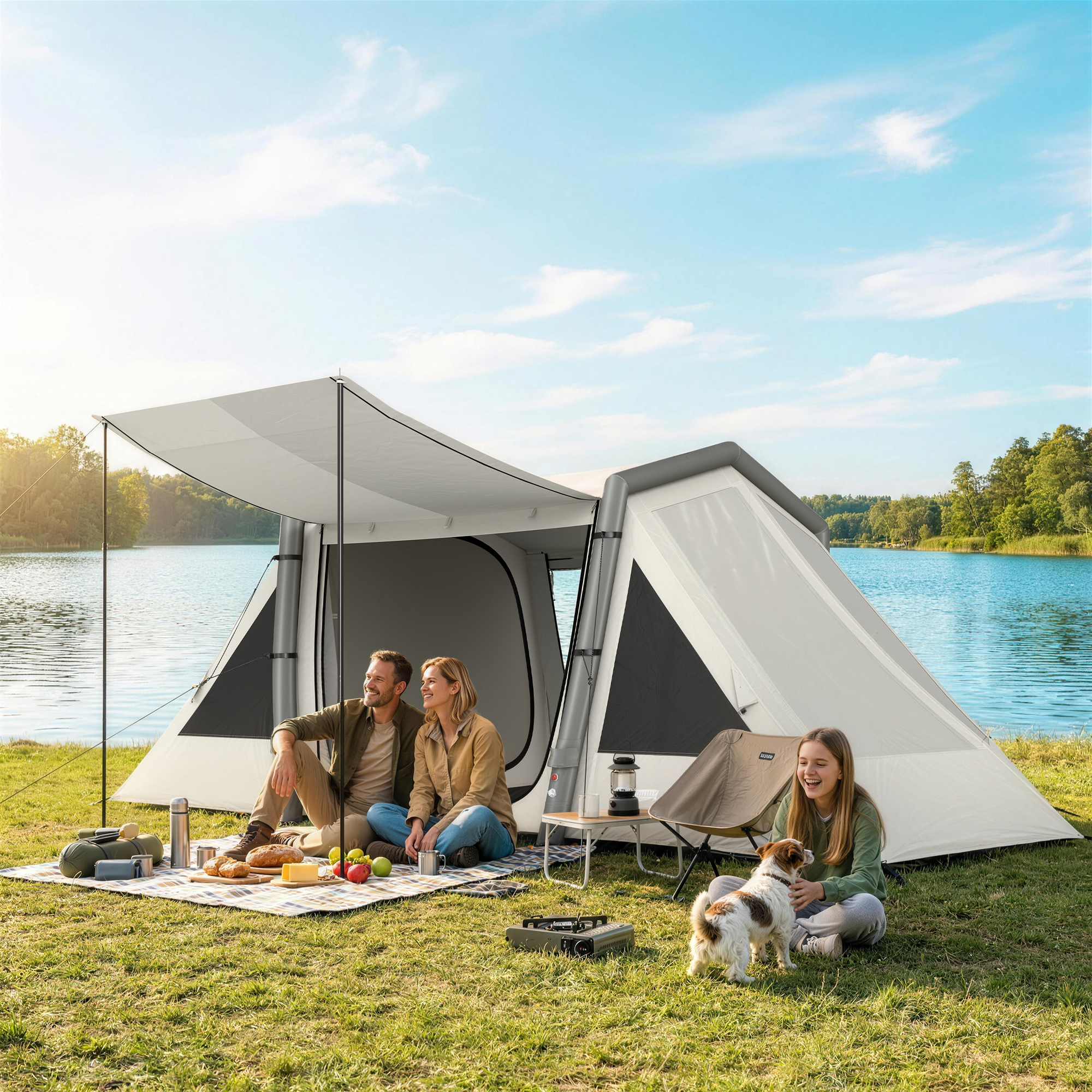 Aufblasbares Zelt 4 Personen Schneller Aufbau Outdoor Zelt für Camping mit 2 Schlafzimmern Vorraum Fenster