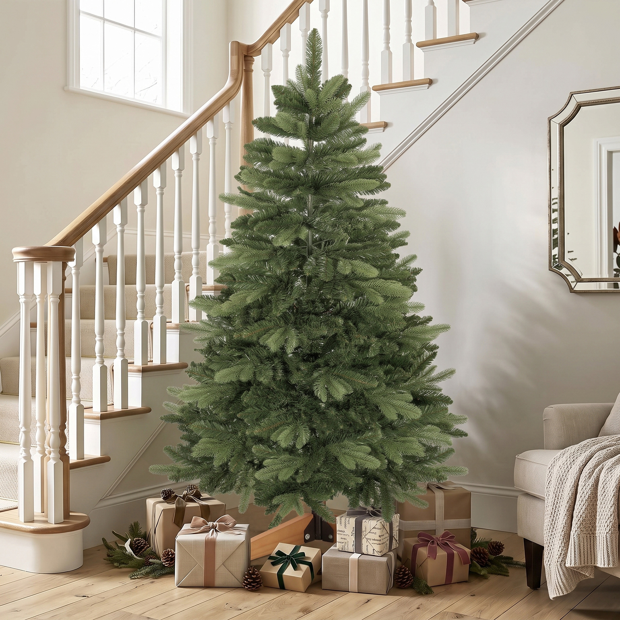 künstlicher Weihnachtsbaum 150 cm, Edeltanne, voll mit Klappästen, 525 Spitzen, faltbarer Holzständer, Grün
