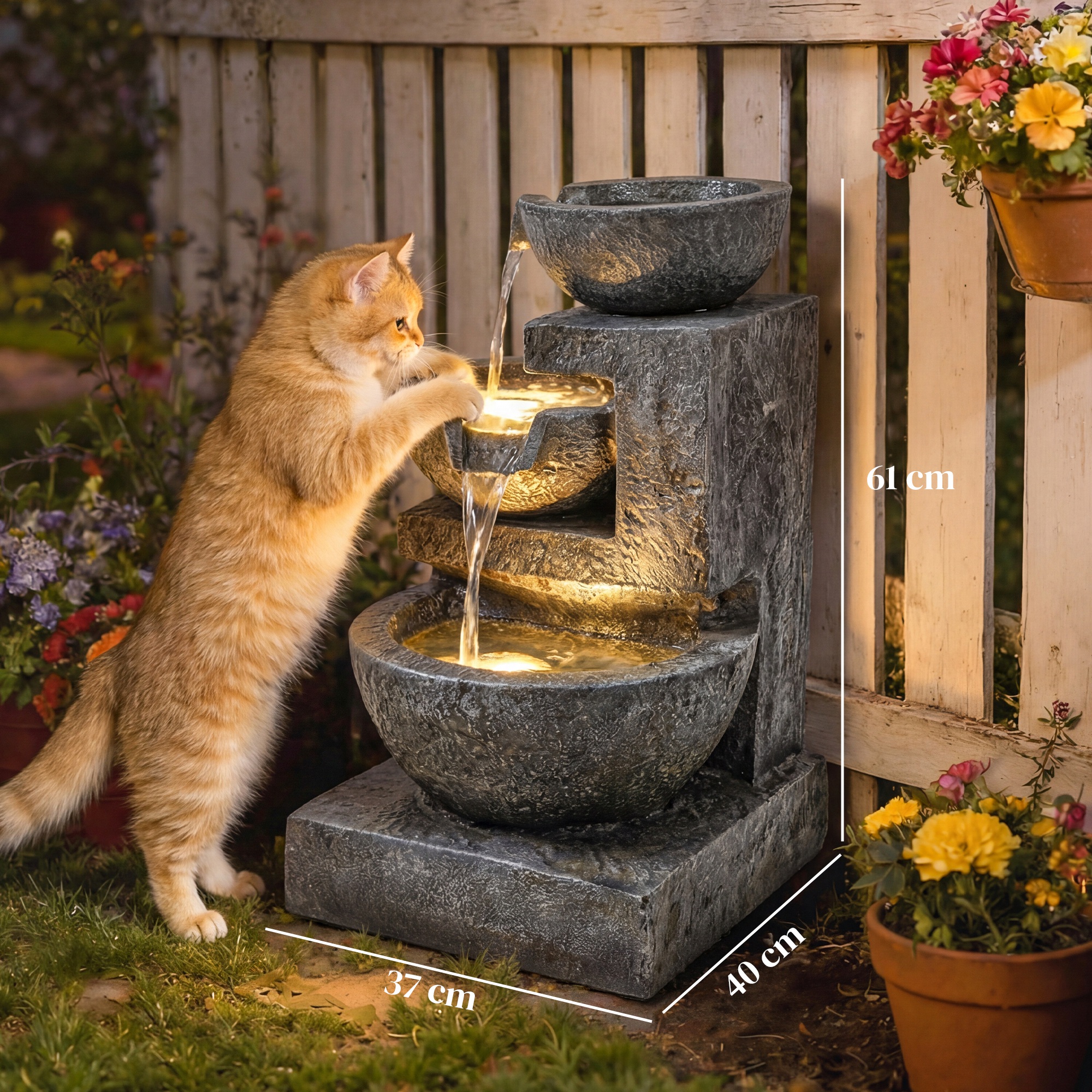 Springbrunnen 3-stufig Gartenbrunnen mit LED Beleuchtung Pumpe Steinoptik, Verstellbar 40 x 37 x 61 cm