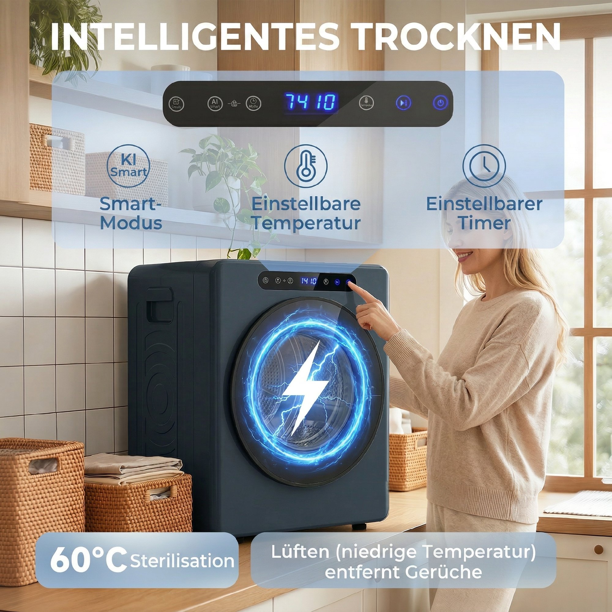 5kg Ablufttrockner, 1000W Kompakter freistehender Frontlader-Wäschetrockner mit Edelstahltrommel, Timer, Blau